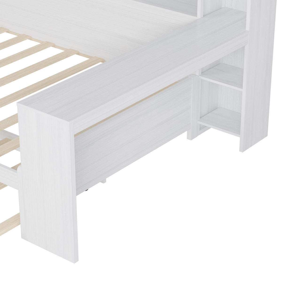 Roomfitters Wooden Full Size Daybed with Storage Shelves, Multi-functional Bed with Twin Size Trundle Bed and Study Desk, Antique White