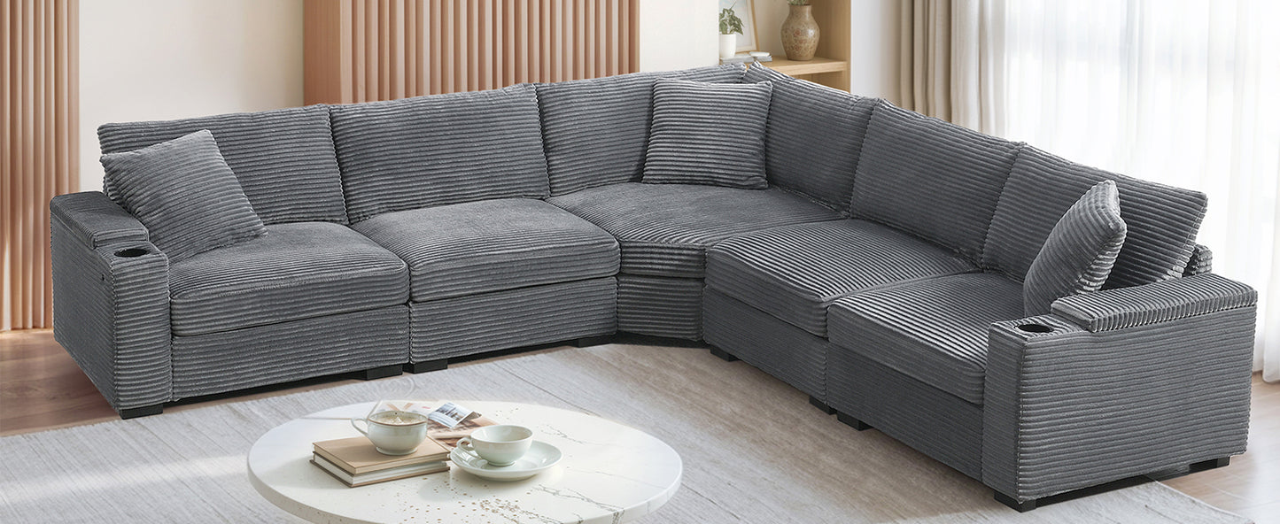 variant-group:rf-n723s1187e|Roomfitters 104 Inch Modern L-Shaped Sectional Sofa with Cup Holders, Comfortable Corduroy Upholstered Corner Couch, Gray