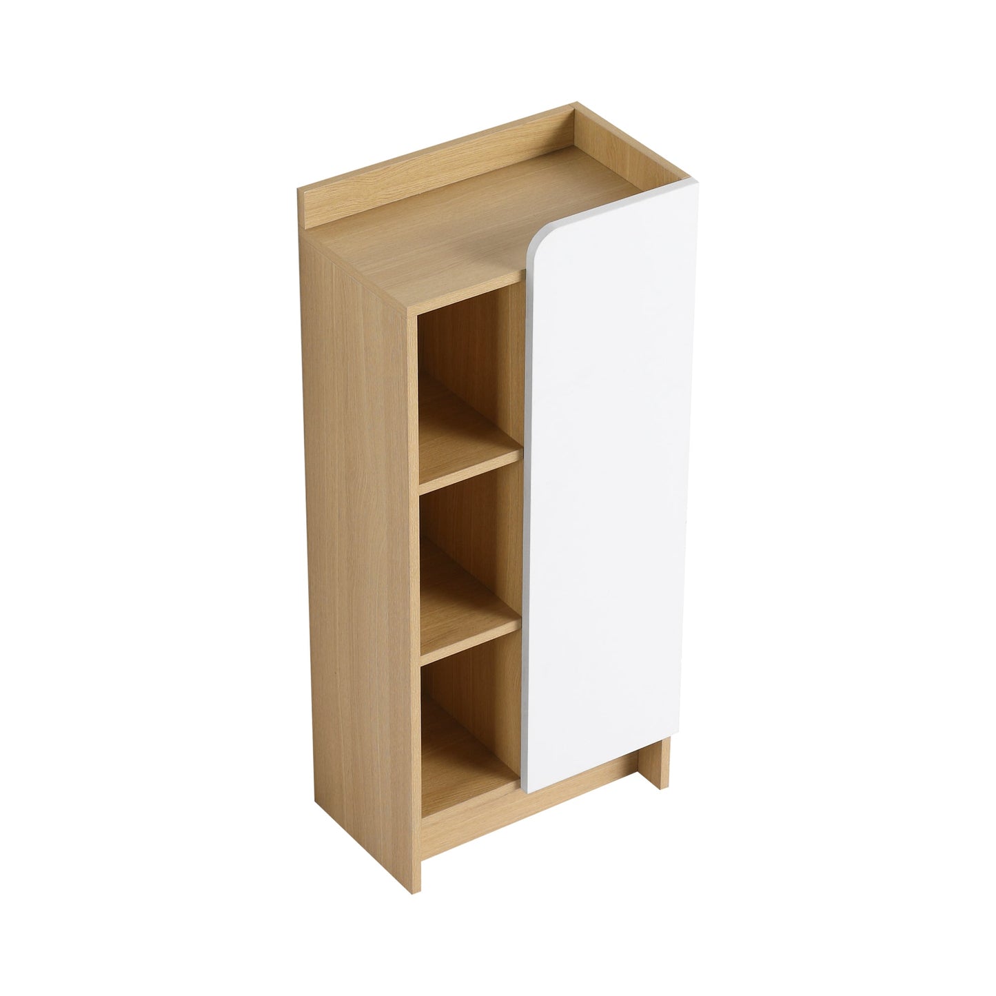 16" Medium Light Oak Freestanding Bathroom Side Cabinet, Narrow Storage Cabinet with Single Door & 3-Tier Open Shelves, KD (Ready-to-Assemble), Dual-Color Door Panels (White & Black), Plywood Construc Roomfitters