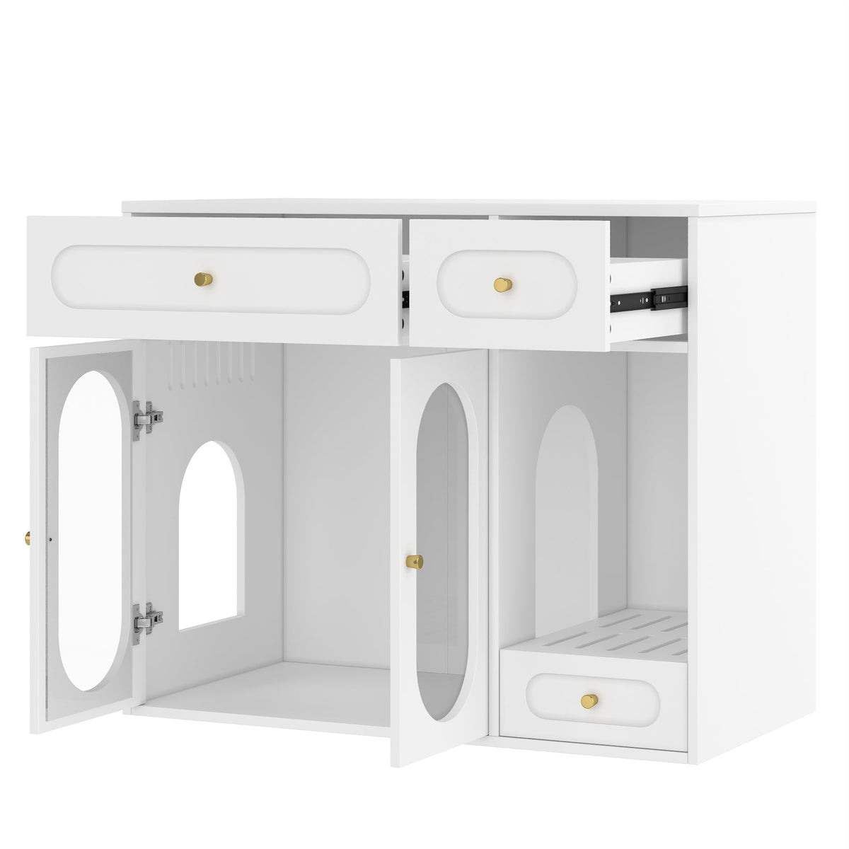 Roomfitters White Chic Sideboard Style Cat Litter Box Enclosure Cabinet with App Controlled LED Lighting Roomfitters