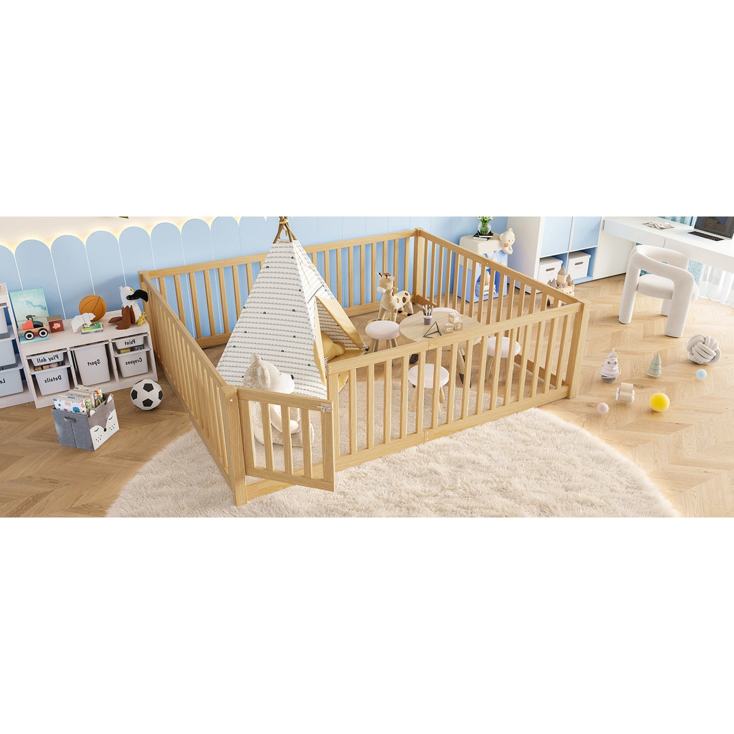 variant-group:rf-w1580p417673|Roomfitters Queen Size Wooden Floor Bed with Safety Guardrails Door, Solid Wood Low Profile Toddler Bed Frame, Natural