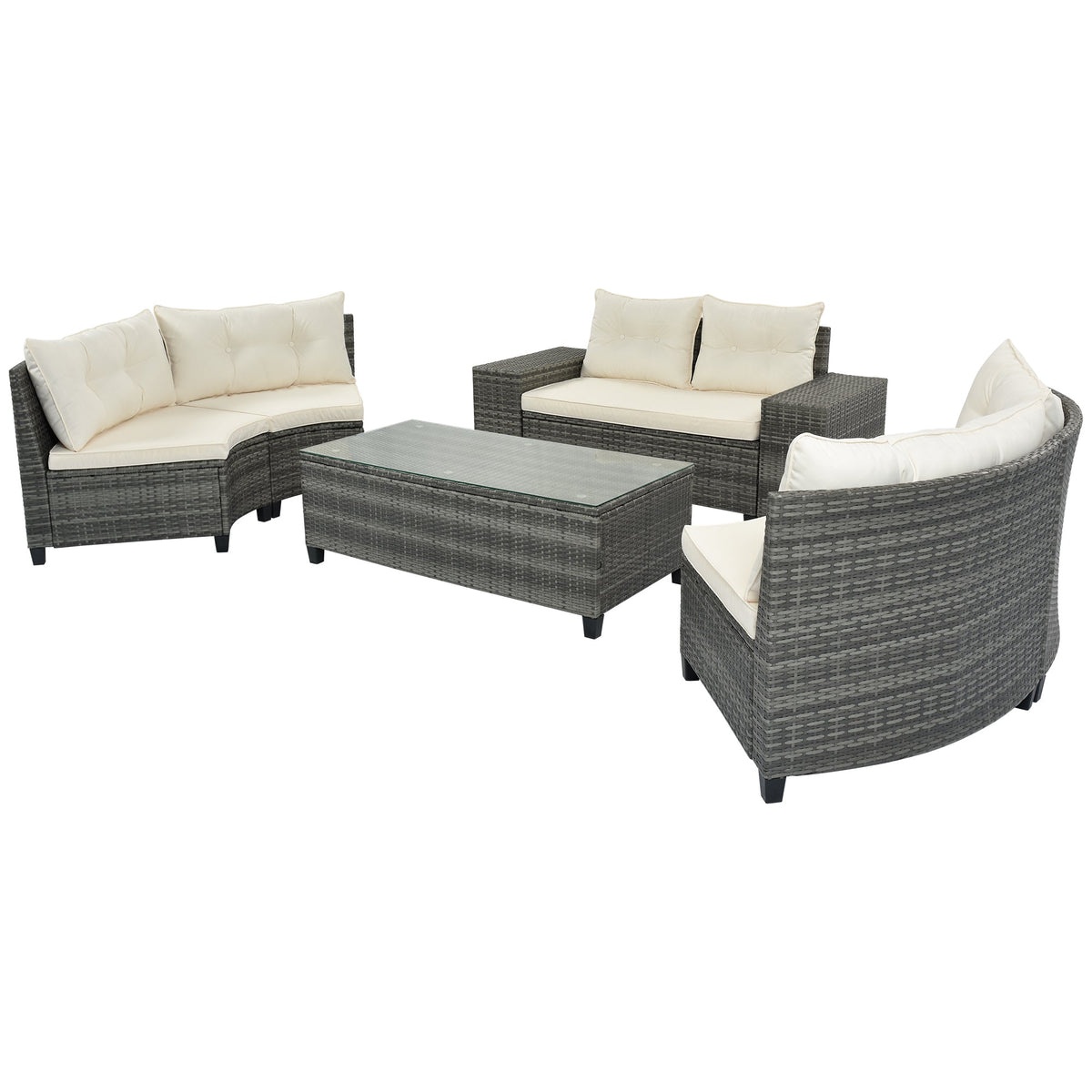 Roomfitters 8-Piece Outdoor Half-Moon Sectional Wicker Round Sofa Set with Tempered Glass Tables Beige Roomfitters