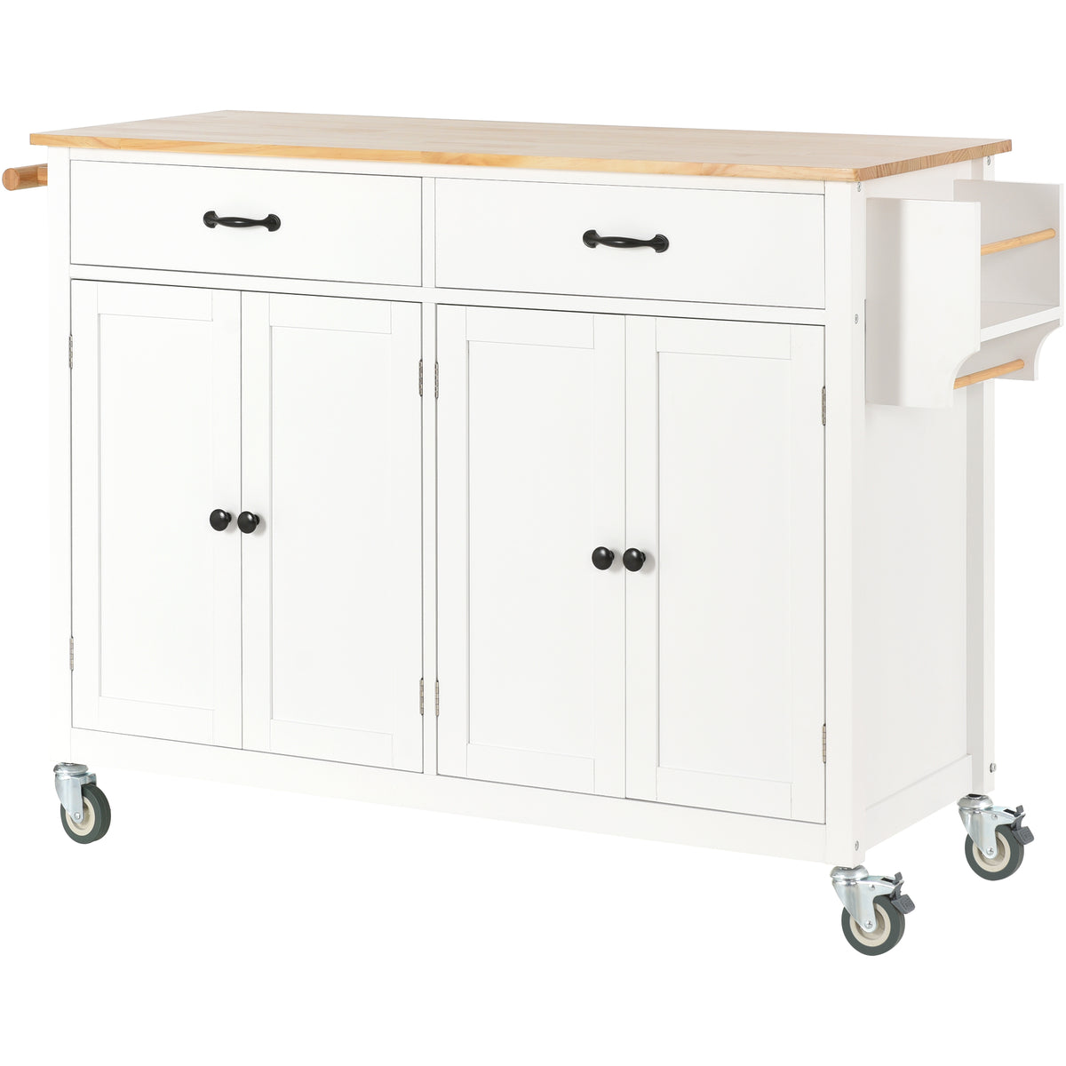 variant-group:rf-n707wf286911aaw|Roomfitters Kitchen Island Cart with Solid Wood Top - 4 Door Cabinet, Two Drawers, Adjustable Shelves, Spice & Towel Rack, 2 Locking Wheels (White)