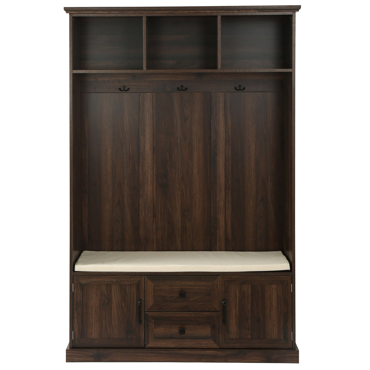 variant-group:rf-n724jy000112aad|Roomfitters 3-in-1 Hall Tree with 3 Hooks, Entryway Coat Hanger and Storage Bench, 47.2" Organizer for Hallway, Brown