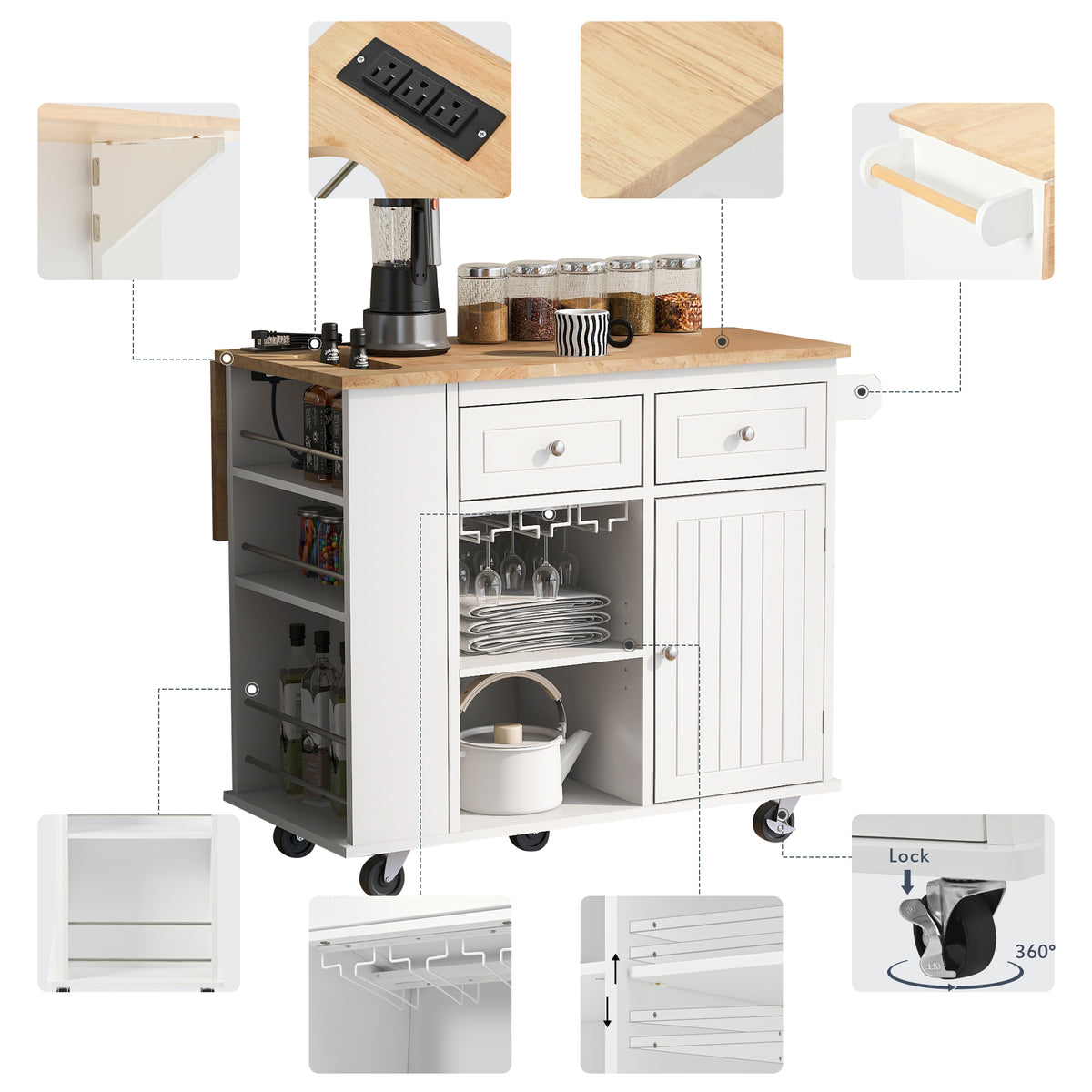 variant-group:rf-n707wf305556aaw|Roomfitters Kitchen Island with Power Outlet, Kitchen Storage Island with Drop Leaf and Rubber Wood, Open Storage and Wine Rack, 5 Wheels, Adjustable Storage for Kitchen, and Dining Room, White