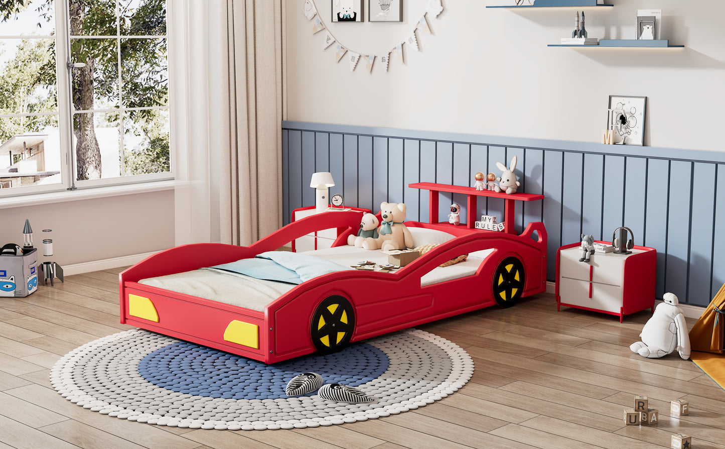 variant-group:rf-n701p465364j|Roomfitters Twin Size Wooden Race Car Bed Frame with Wheels, Car Shaped Platform Bed Storage, No Box Spring, Red & Yellow