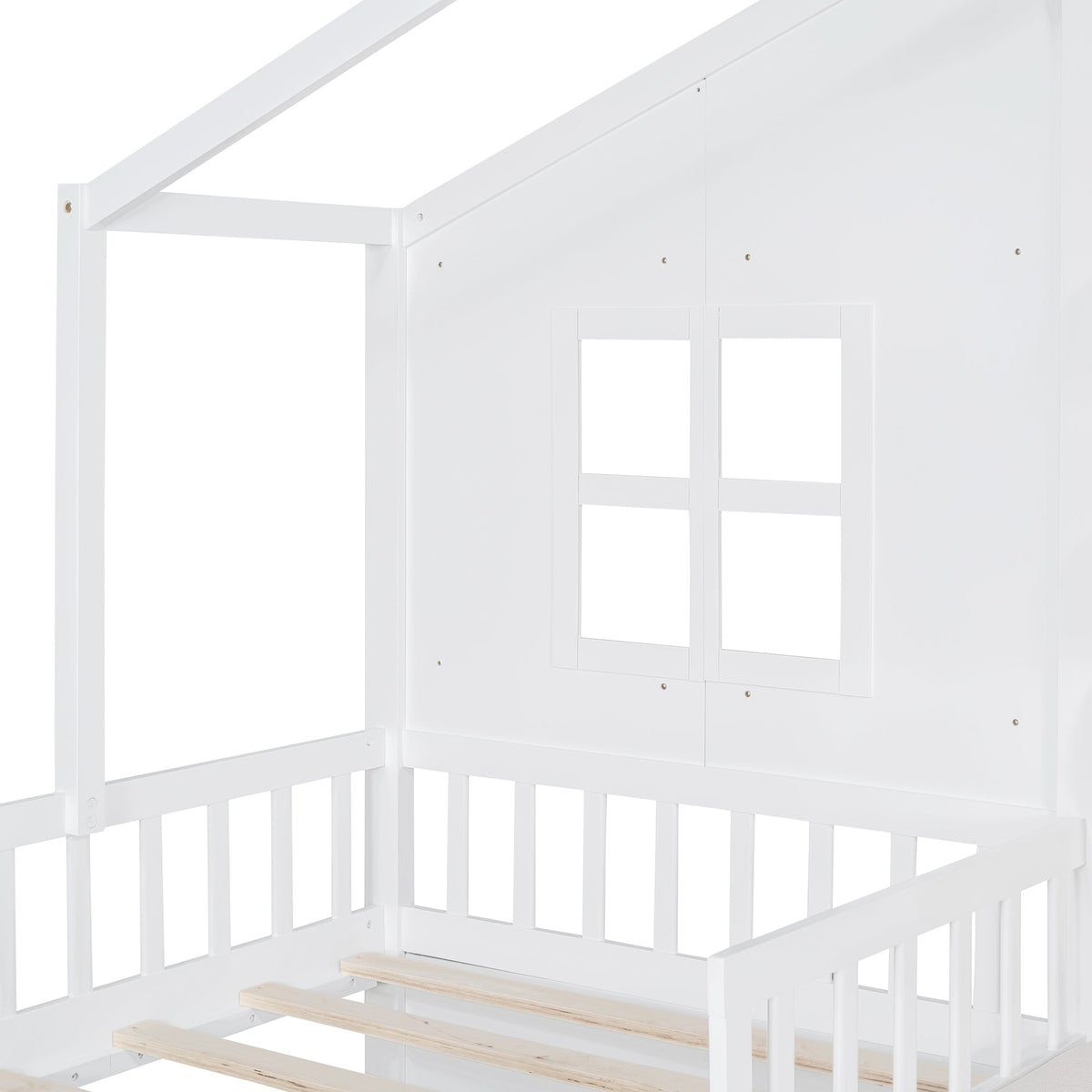 Roomfitters Twin Size House Platform Bed with Sofa, Two Storage Compartments, and Built-In Shelf, Space-Saving Design, White