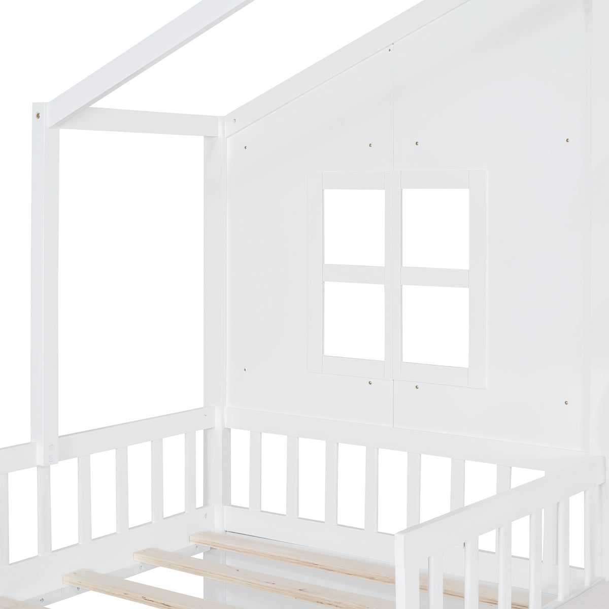 variant-group:rf-n733s337609k|Roomfitters Twin House Bed with Sofa, Wooden Platform Bed with Storage Compartment and Side Shelf, Space Saving Design, White