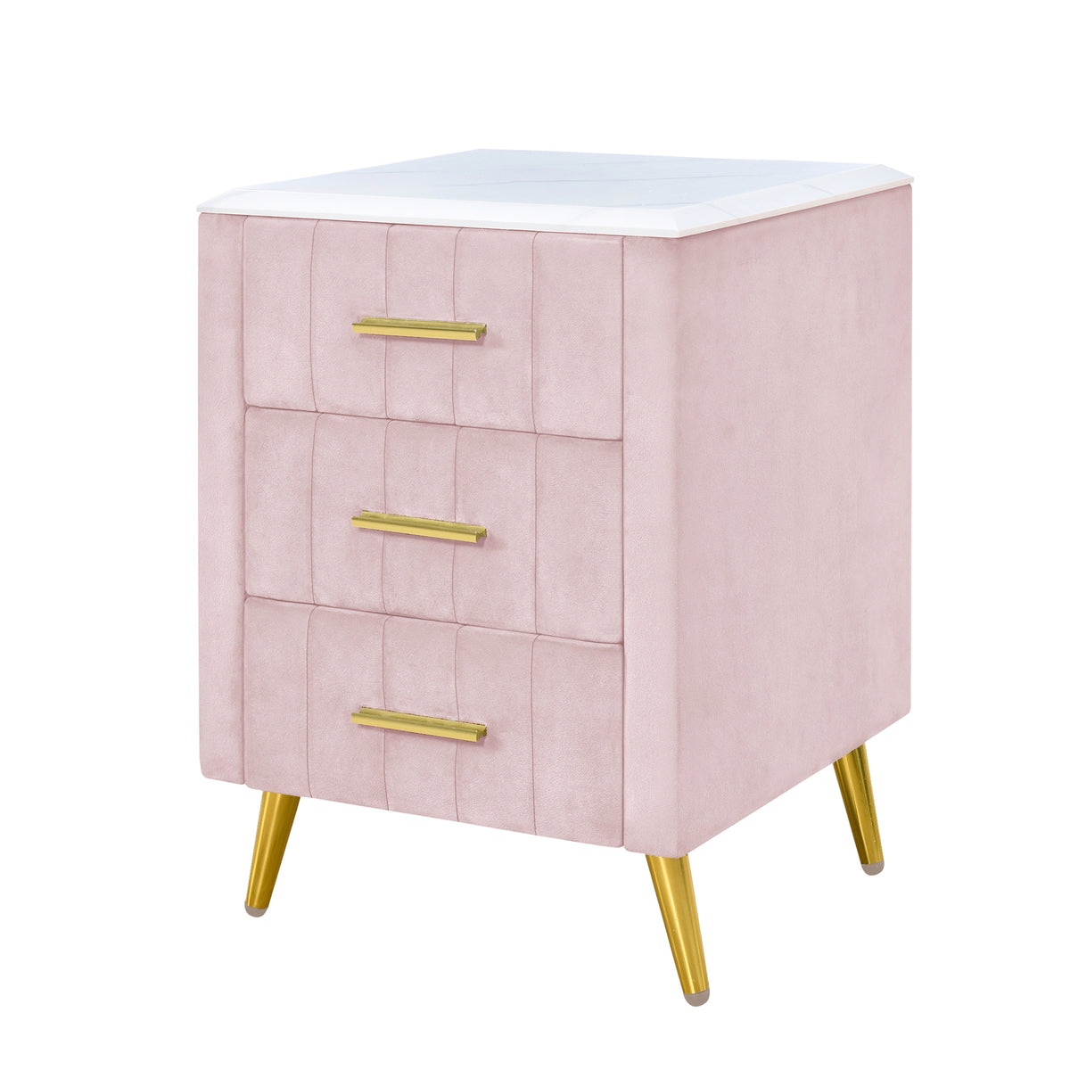 variant-group:rf-n733p208520h|Roomfitters Upholstered Nightstand with 3 Storage Compartments, Metal Legs and Handles, Marble-Inspired Worktop, Pink