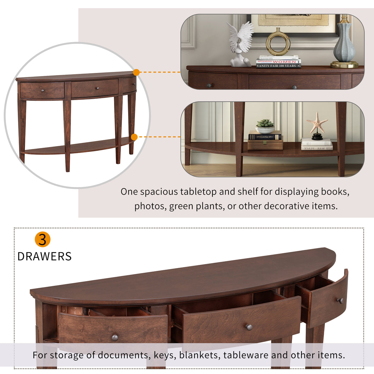 variant-group:rf-n711wf312995aad|Roomfitters Modern Curved Console Table with 3 Drawers and 1 Shelf, Perfect for Hallway, Entryway, or Living Room, Offering Modern Elegance and Practical Storage, Espresso