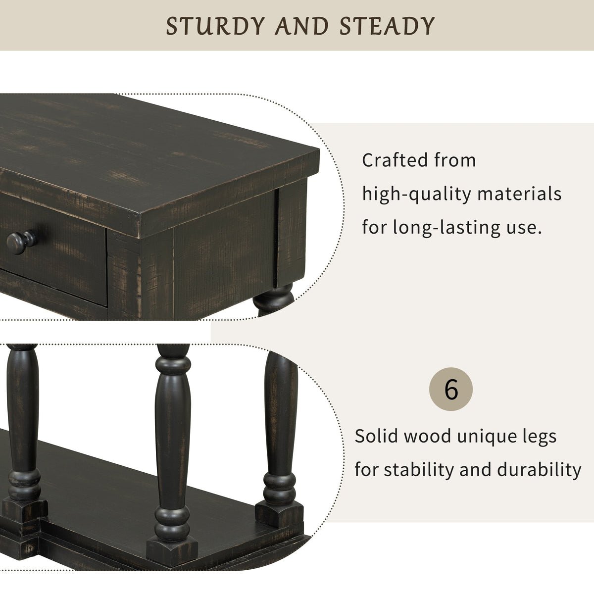 Roomfitters Retro Console Table with 4 Storage Drawers and Shelf, Entryway Table for Hallway, Antique Black Roomfitters