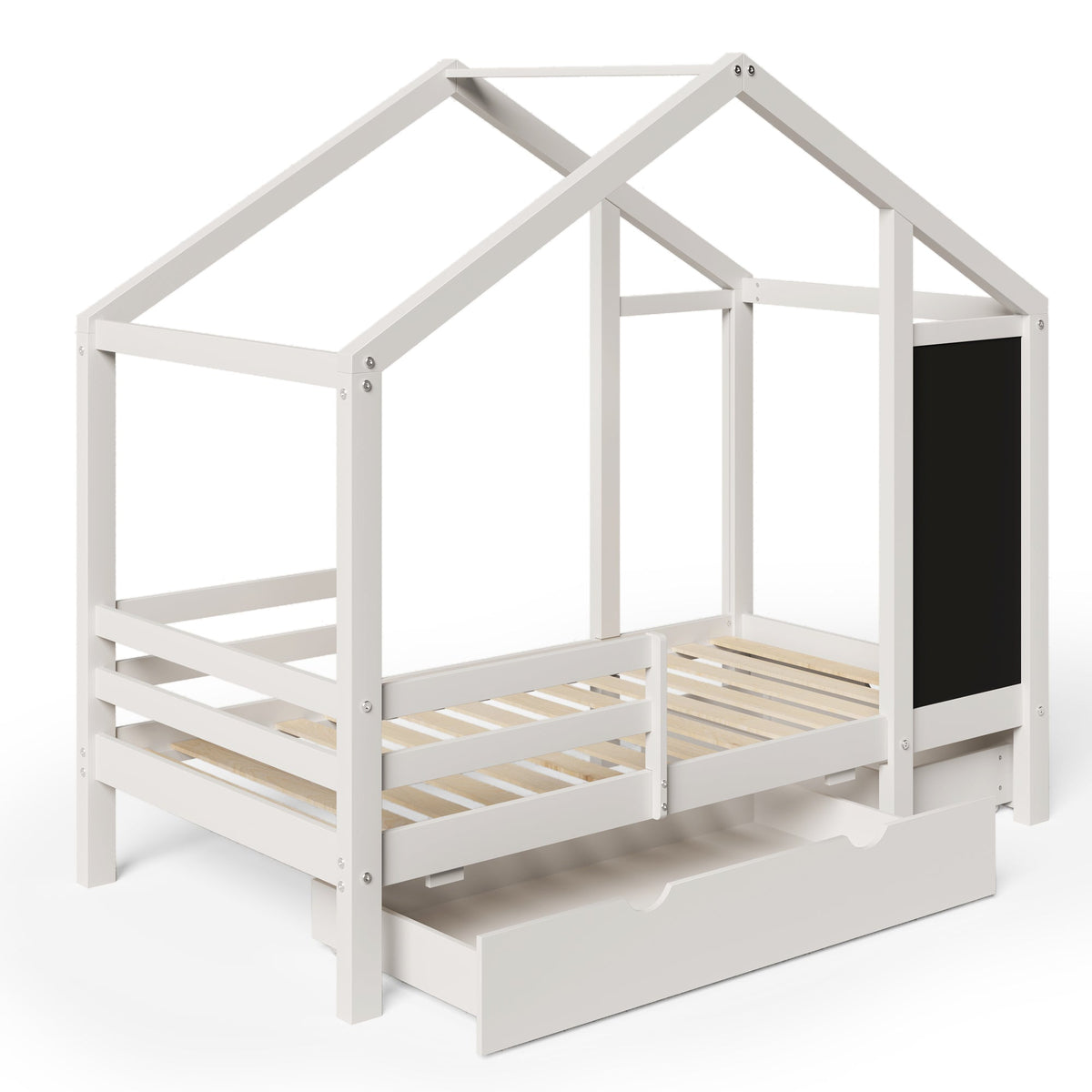 Roomfitters Twin Size House Bed with Blackboard Panels and Storage Drawers, Two Assembly Options, White Roomfitters