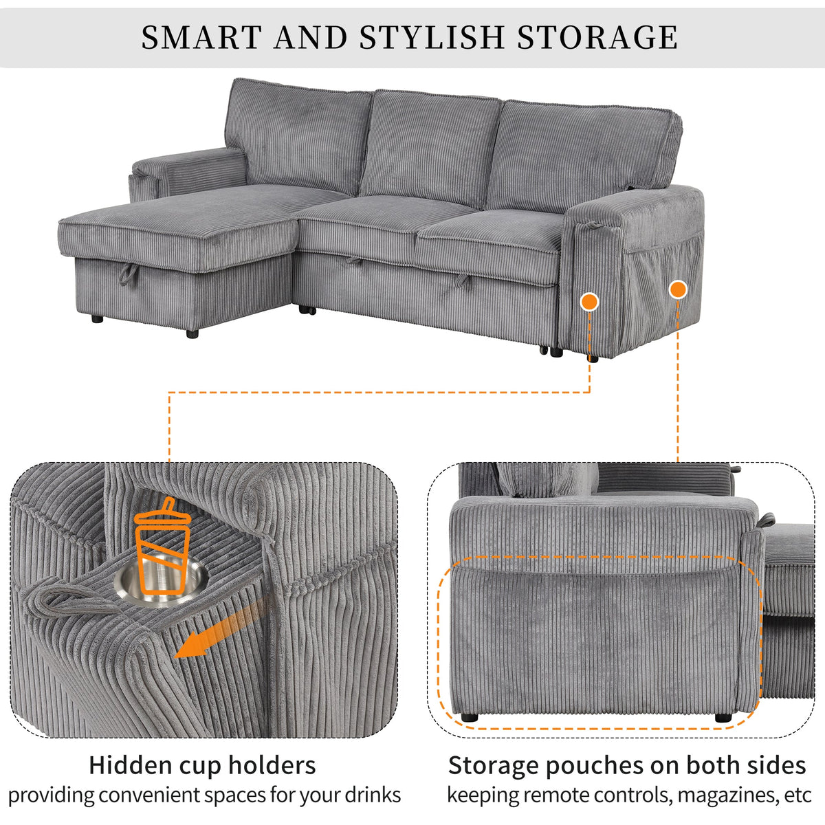 Roomfitters Upholstery Sleeper Sectional Sofa with Storage Bags and 2 Cup Holders on Arms, Gray Roomfitters