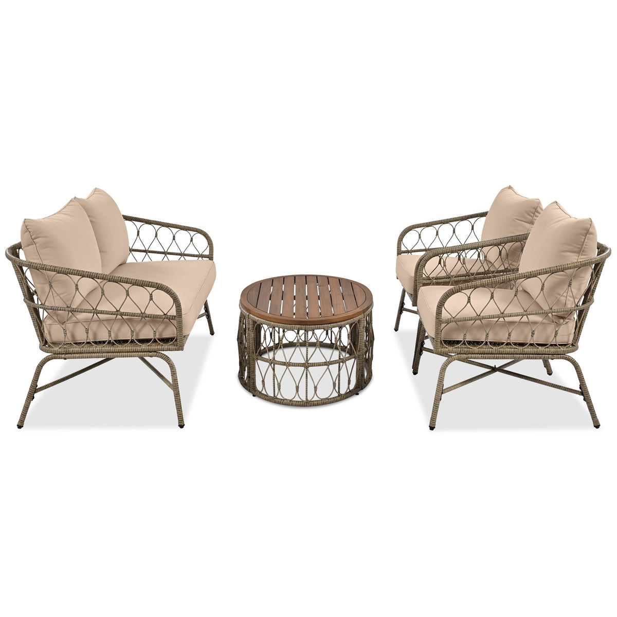 Roomfitters Bohemia-Inspired 4-Person Outdoor Seating Group with Removable Cushions, Conversation Patio Set with Wood Tabletop, Beige Roomfitters