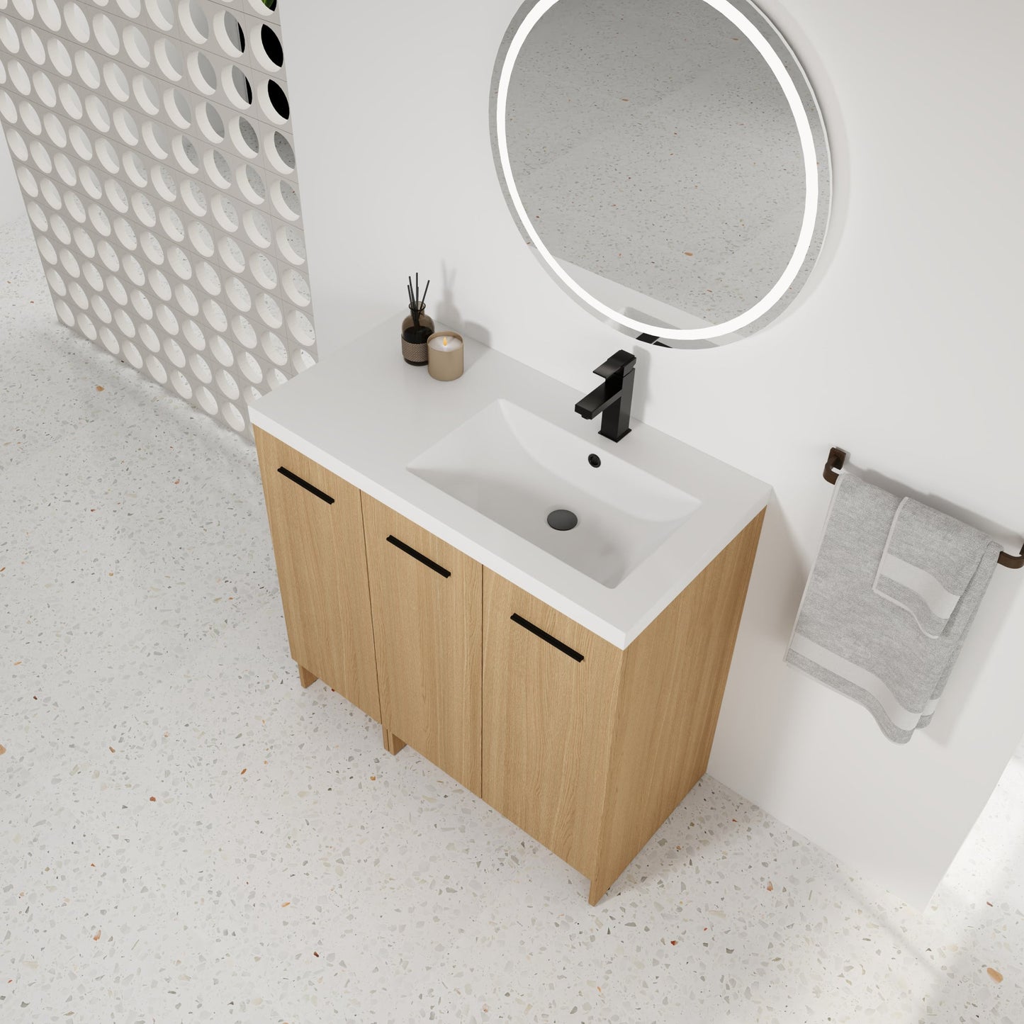36" Modular Freestanding Bathroom Vanity with 36" Resin Sink Top, Light Oak, 2-Piece Cabinet (24" 2-Door + 12" 1-Door), KD Cabinet, Includes Black & Brushed Aluminum Handles Roomfitters