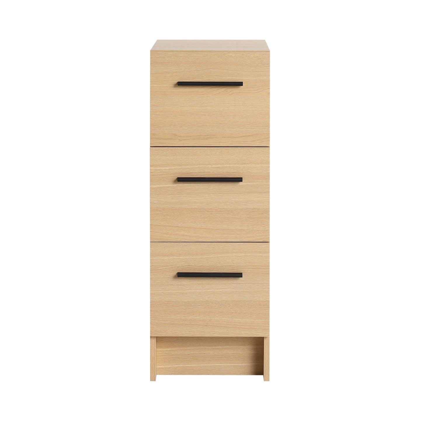 12" Slim Freestanding Bathroom Storage Cabinet, Light Oak, 3 Drawers, Narrow Space Saver Organizer, KD, Includes Black & Brushed Aluminum Handles