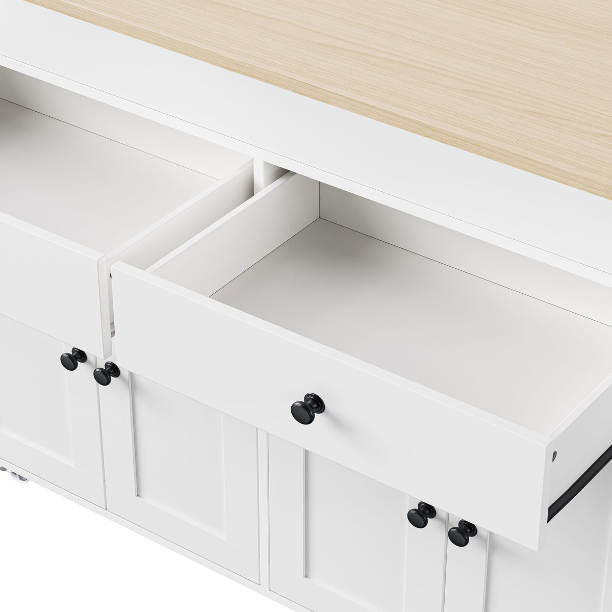 variant-group:rf-n707p333291w|Roomfitters 74.8" Rolling Kitchen Island with Extendable Dining Table, Mobile Cart with 4 Doors, 2 Drawers & Spice Rack, White