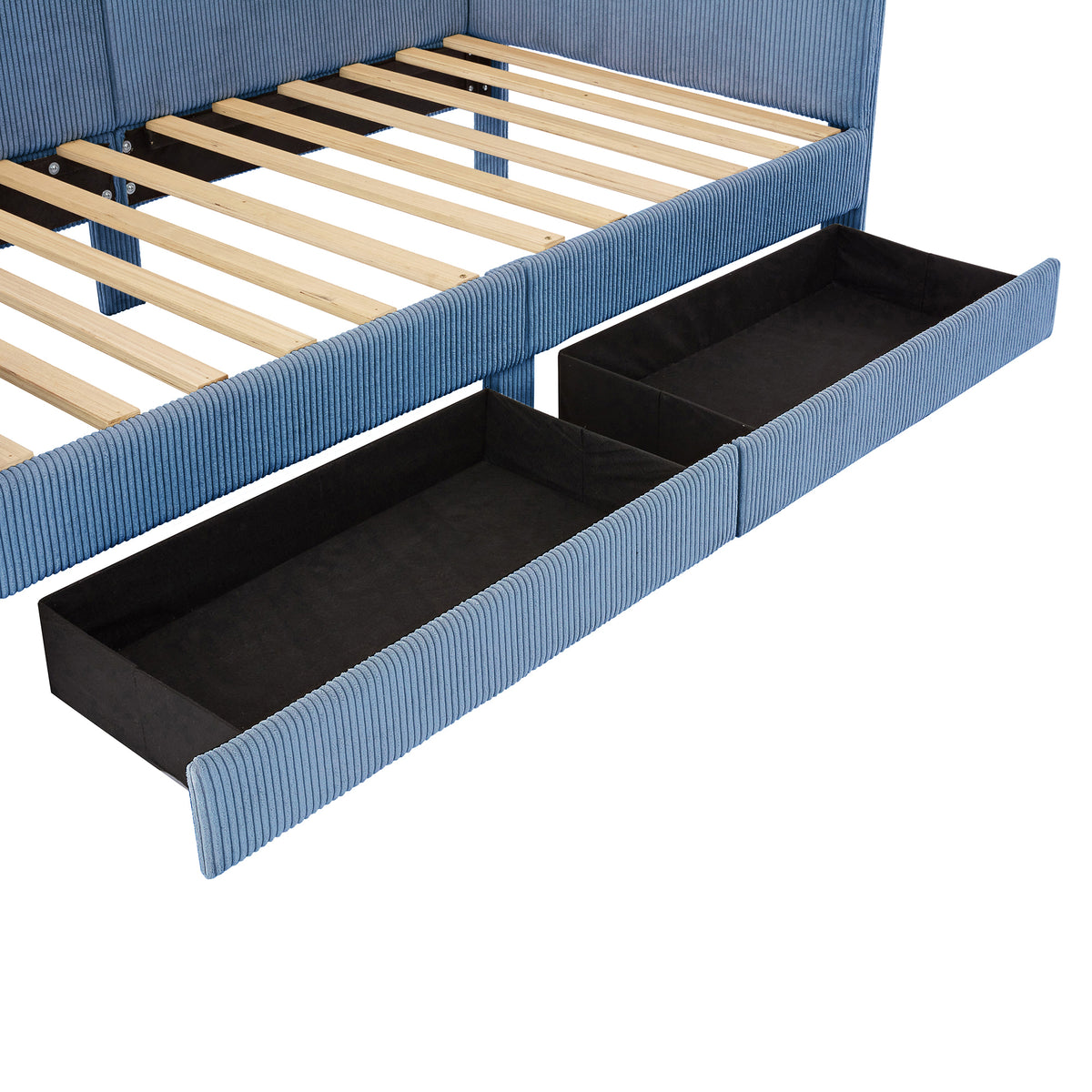 variant-group:rf-n733p171470c|Roomfitters Twin Size L-Shaped Corduroy Daybed, Upholstered Platform Bed Frame with 2 Spacious Storage Drawers for Functional Elegance, Blue