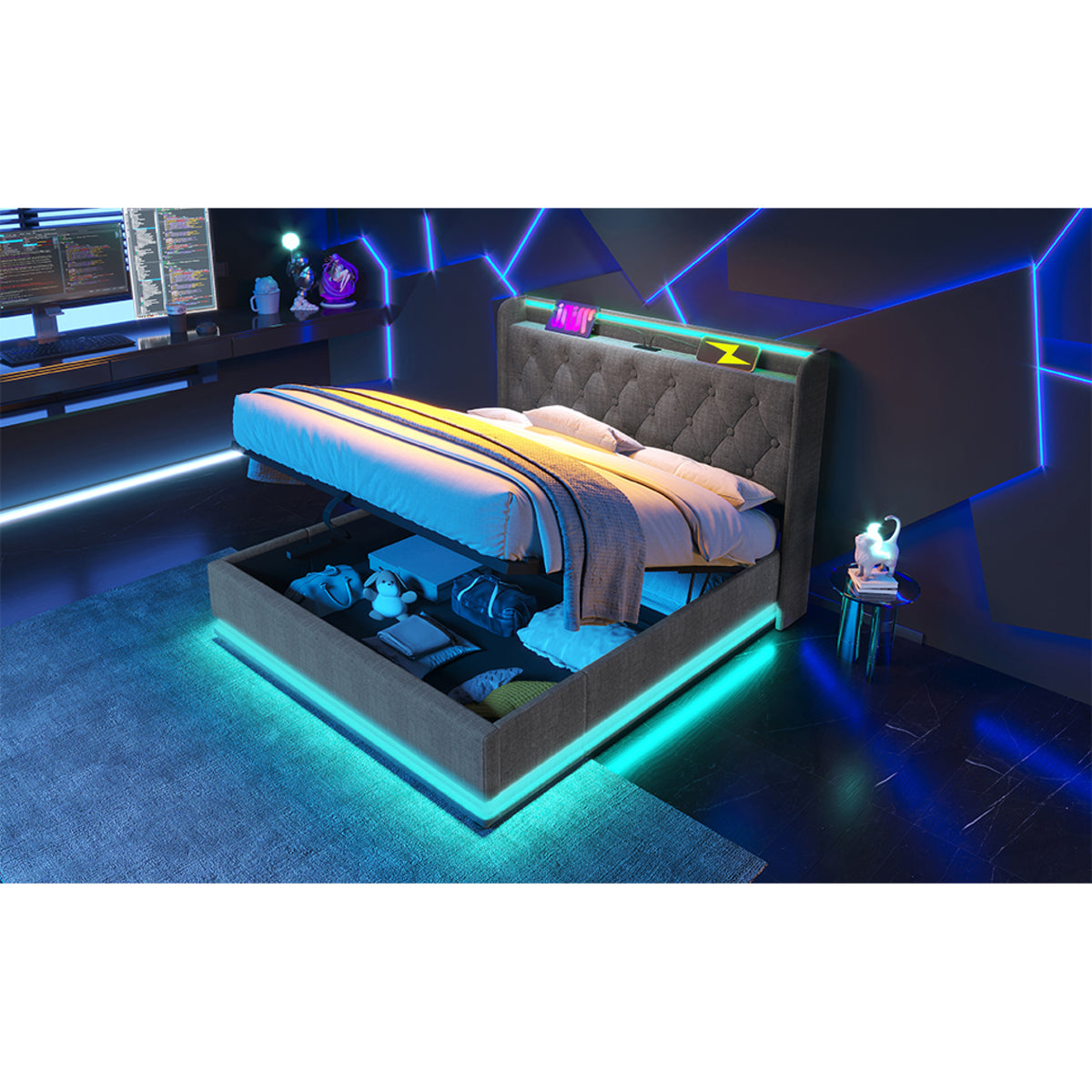 variant-group:rf-n736p188808g|Roomfitters King Size Upholstered Storage Bed with USB Type-C Charging and Remote Control, Linen Gray