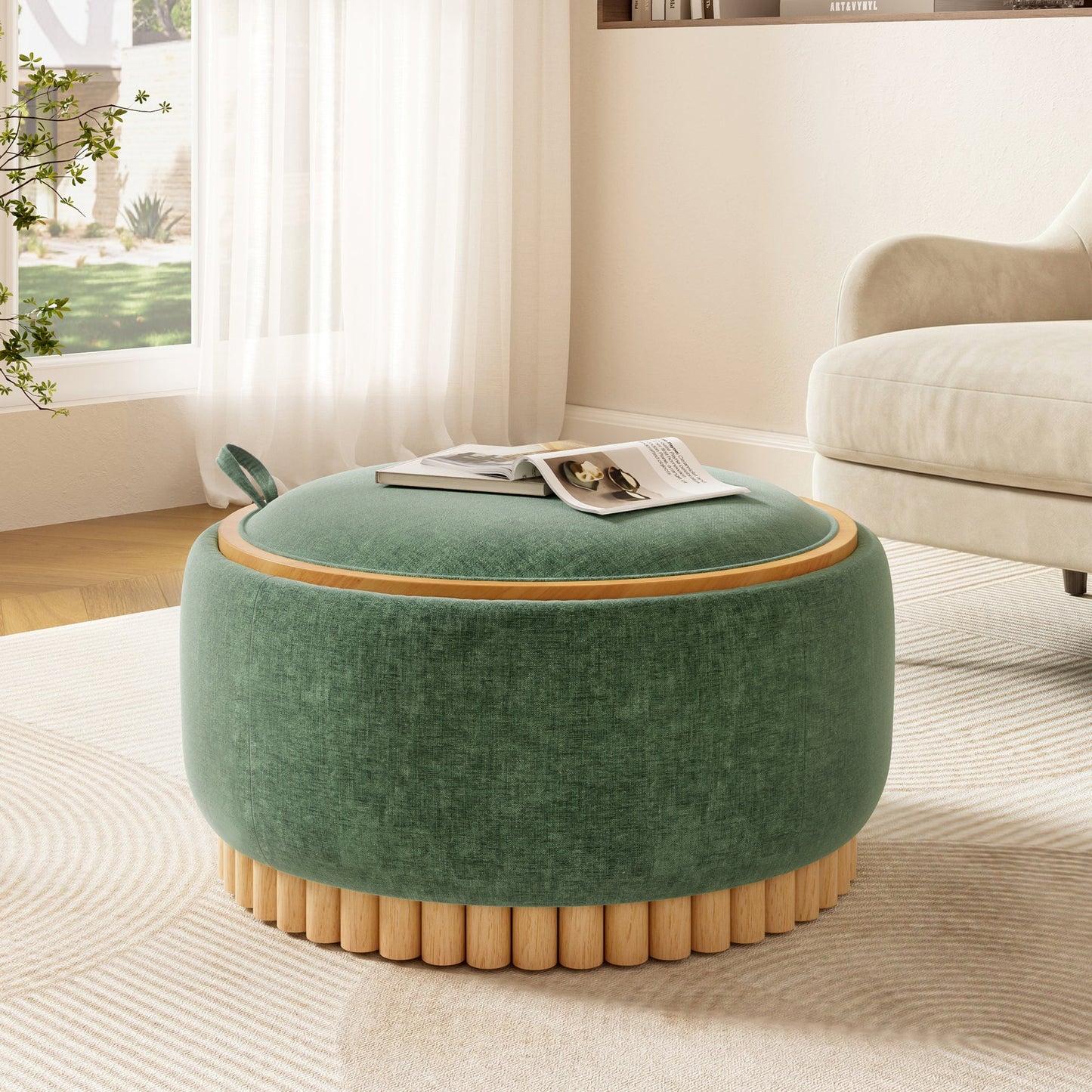 Roomfitters 29 Inch Round Storage Ottoman with Reversible Wooden Tray Top, Upholstered Coffee Table for Living Room Roomfitters