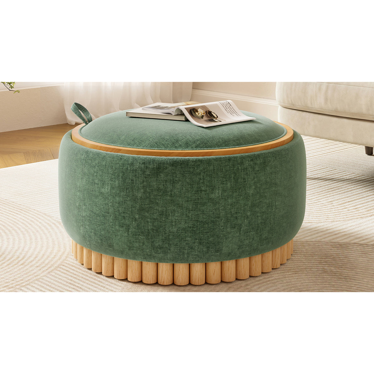 variant-group:rf-n723p405304g|Roomfitters 29 Inch Round Storage Ottoman with Reversible Wooden Tray Top, Upholstered Coffee Table for Living Room, Green