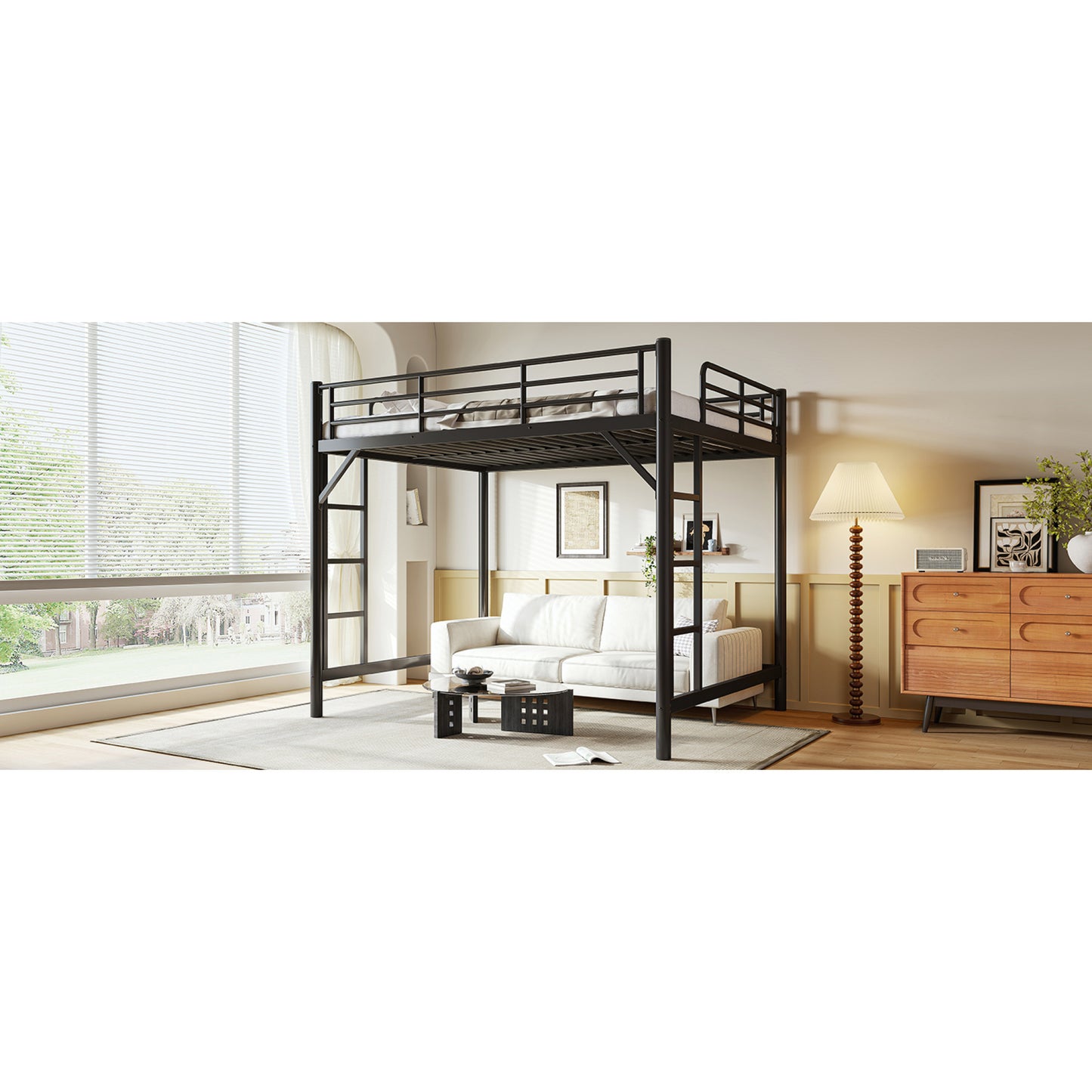variant-group:rf-w1580p455017|Roomfitters Queen Size Metal Loft Bed Frame with Guardrails, Heavy Duty Space Saving High Loft Bed Dual Ladders, Black