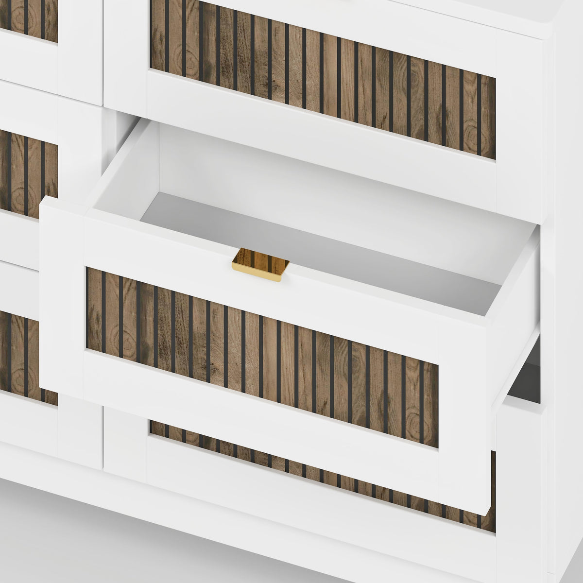 Roomfitters Elegant Dresser with Metal Handles and Glittering Decorative Accents, 6-Drawer Storage Cabinet for Bedroom and Living Room, White