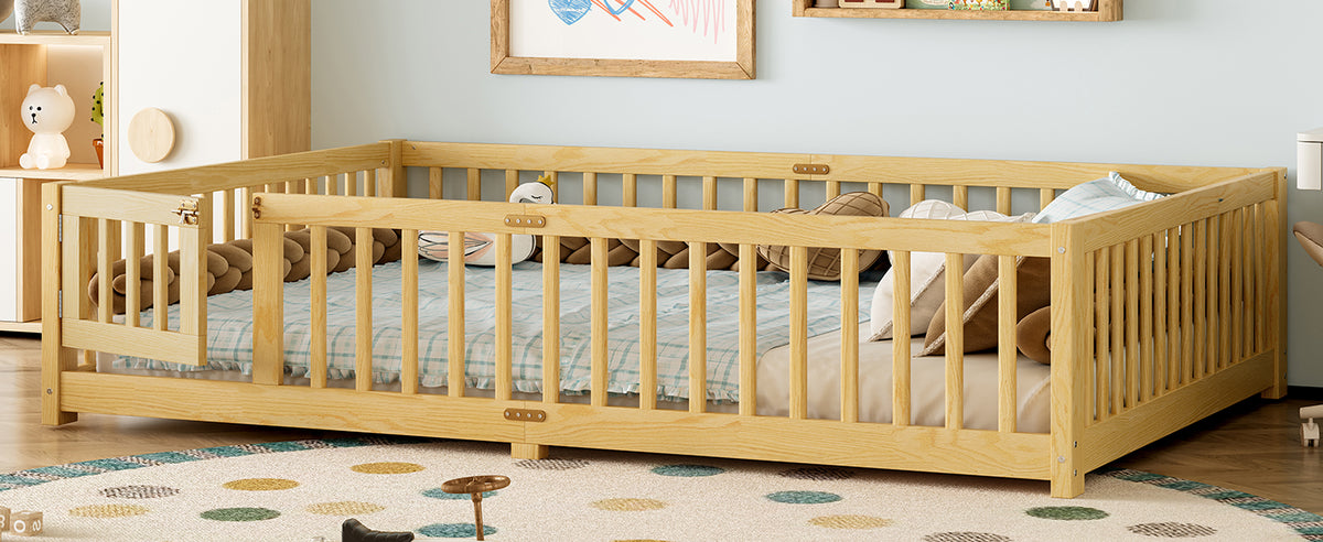 variant-group:rf-w1580p338954|Roomfitters Wooden Queen Floor Bed Frame with Door & Safety Guardrails, Low Platform Design for Bedroom or Playroom, Natural