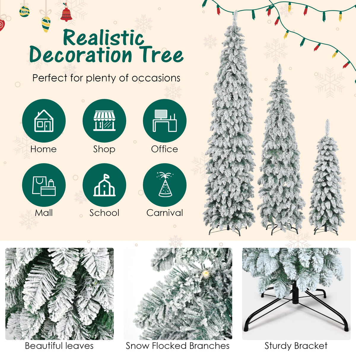 Roomfitters Pre-Lit Pencil Christmas Tree Set 8FT 6FT 4FT, Slim Snow-Flocked Artificial Trees with 1455 Tips, White Roomfitters
