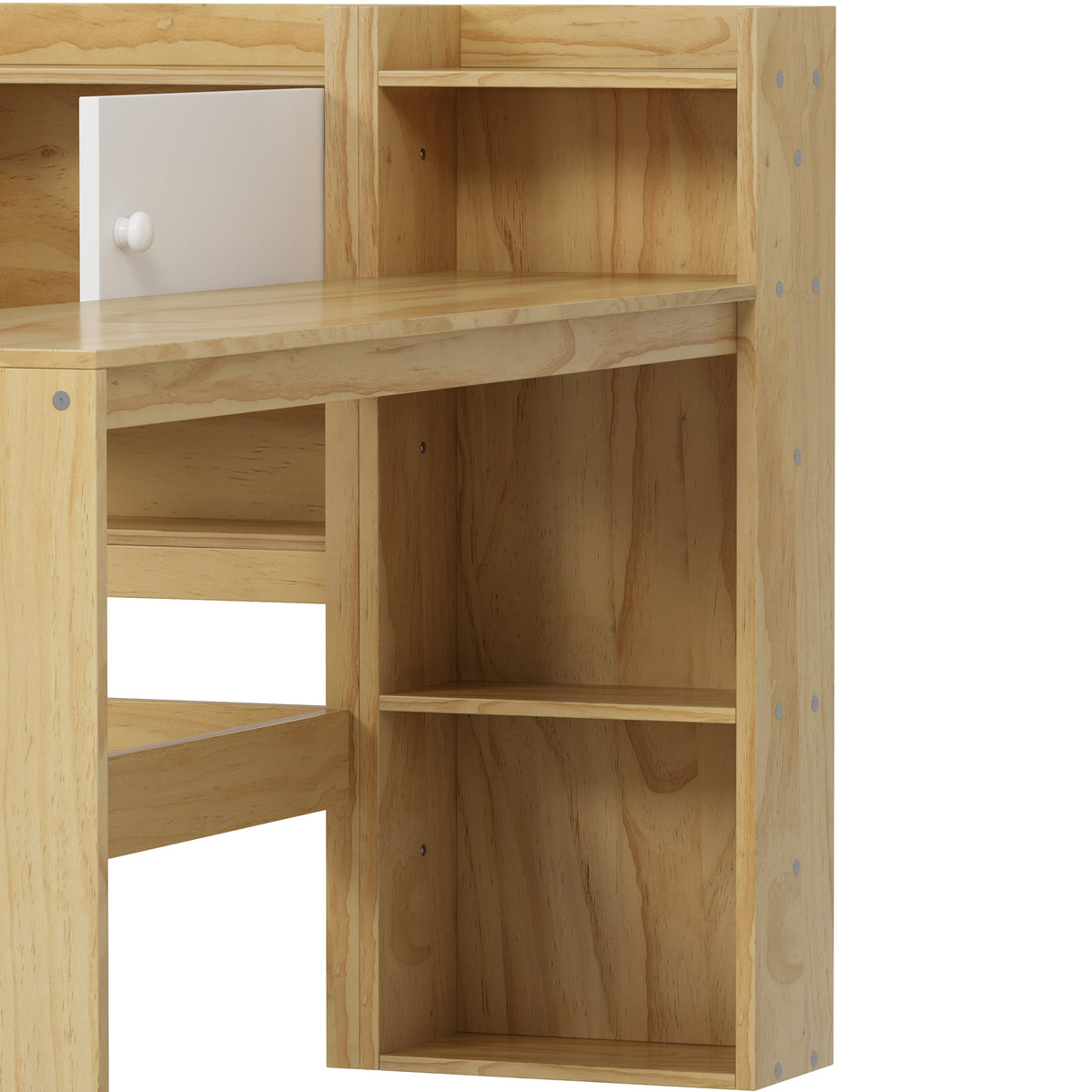 Roomfitters Wooden L-Shape Daybed with Seven Storage Cabinets and Two Storage Compartments, Multi-functional Bed with Study Desk and Built-in Bookshelf, Natural+White