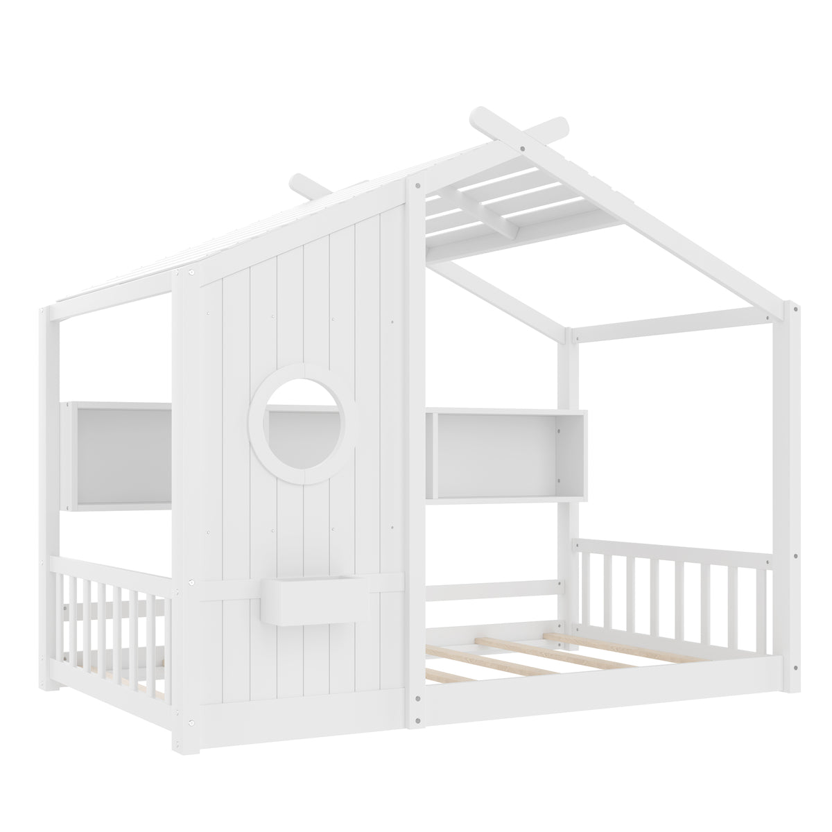 variant-group:rf-n733p335064k|Roomfitters Twin Size Floor House Bed with Storage Shelf and Roof Design, Montessori Playhouse Bed, White