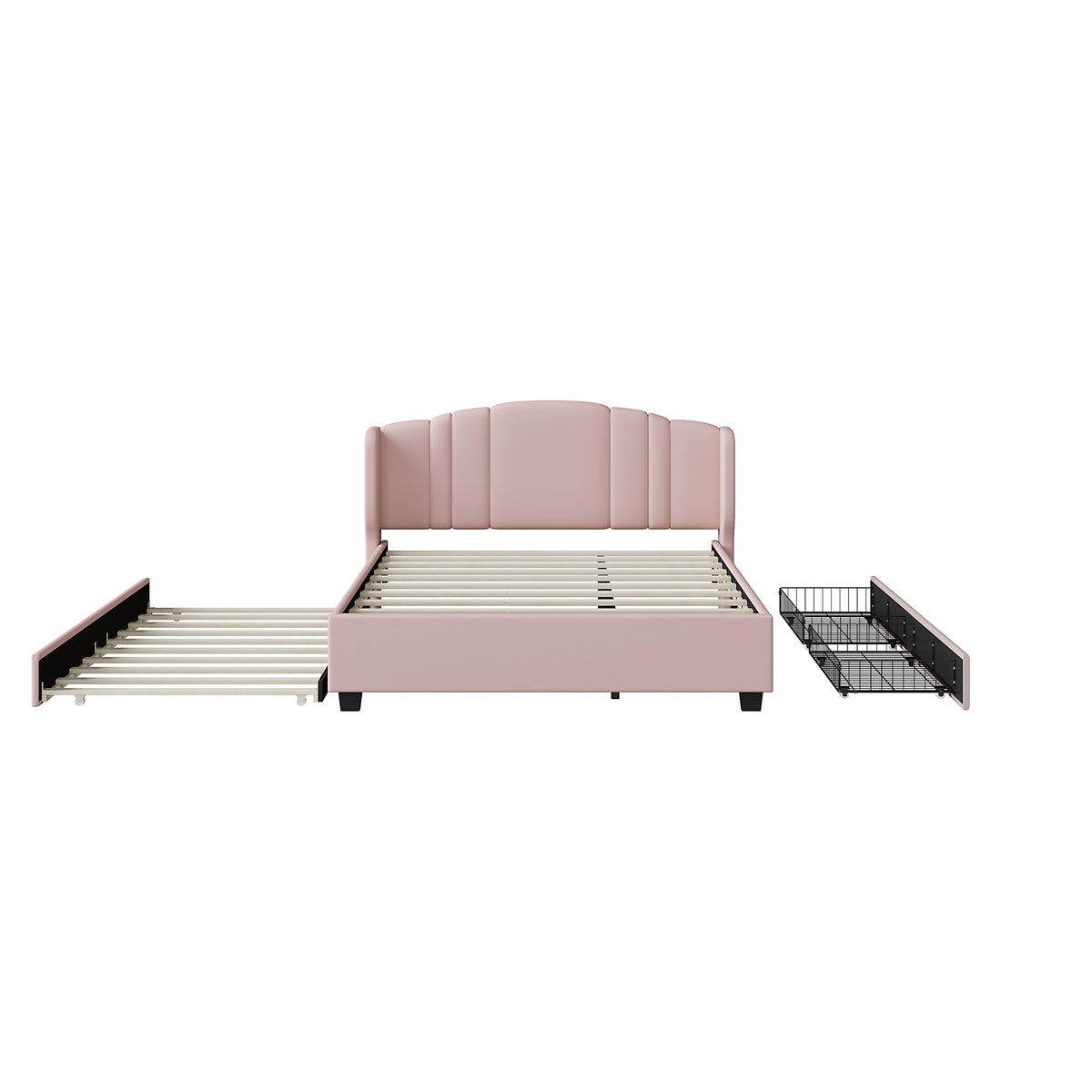 variant-group:rf-n733s208132h|Roomfitters Twin Size Trundle Upholstered Platform Bed with Wingback Headboard and 2 Drawers, No Box Spring Needed, Linen Fabric, Queen Size, Pink