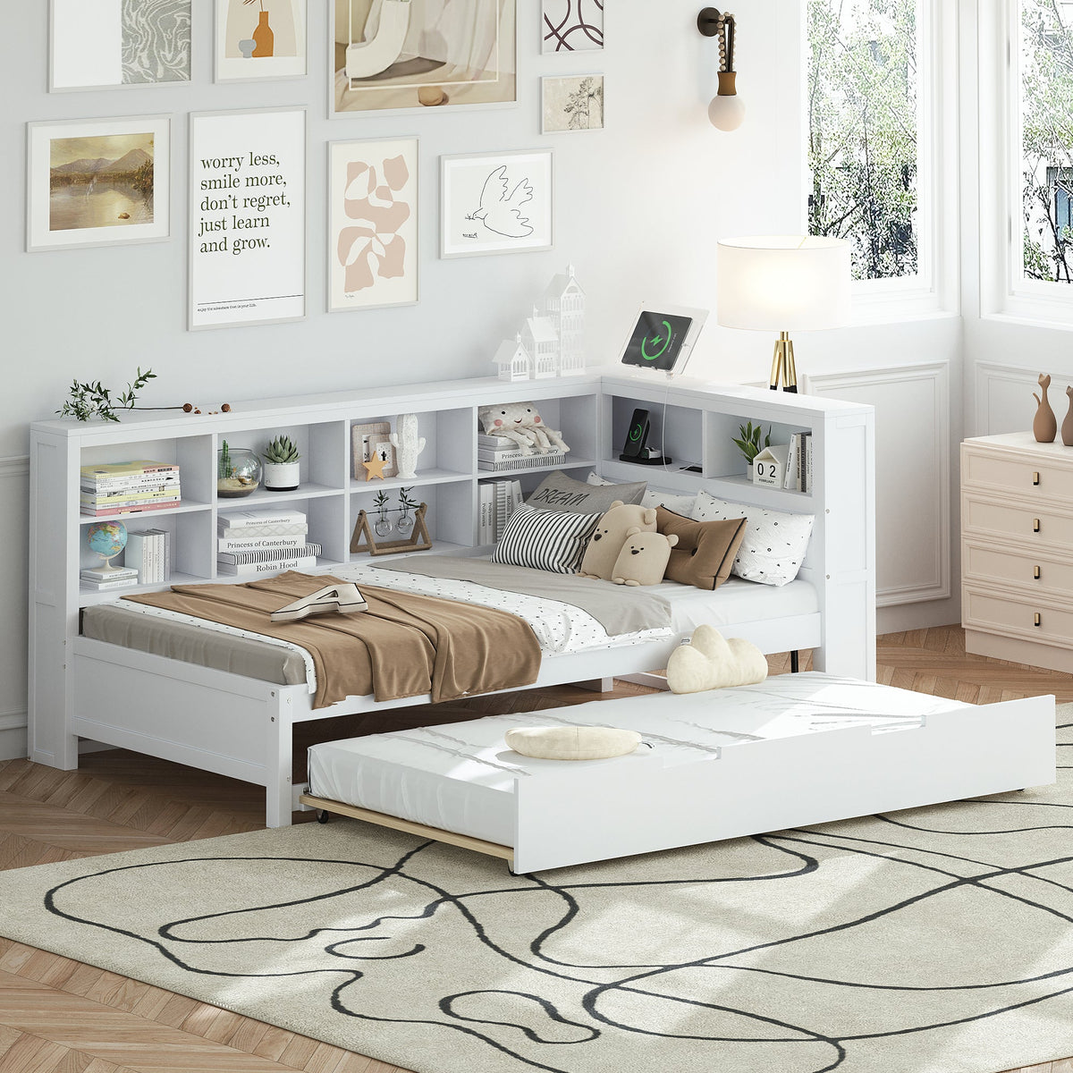Roomfitters Wooden Twin Daybed with Twin Trundle, Storage Shelf & USB Charging Ports, White