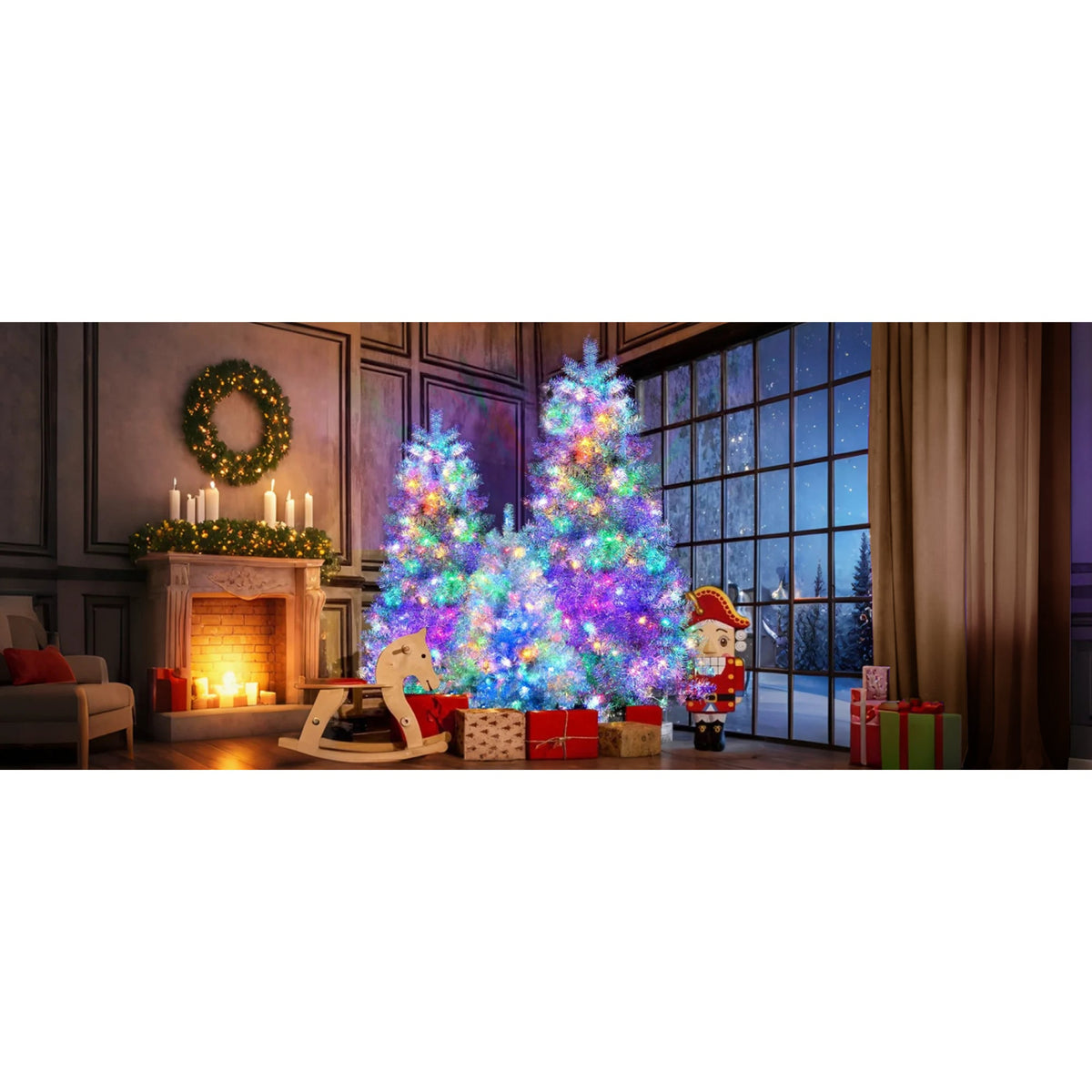 Roomfitters Pre-Lit Artificial Christmas Tree Set 4FT 6FT 7.4FT, Holiday Trees with Metal Stands, Warm Lights, 2400 Tips, Silver Roomfitters
