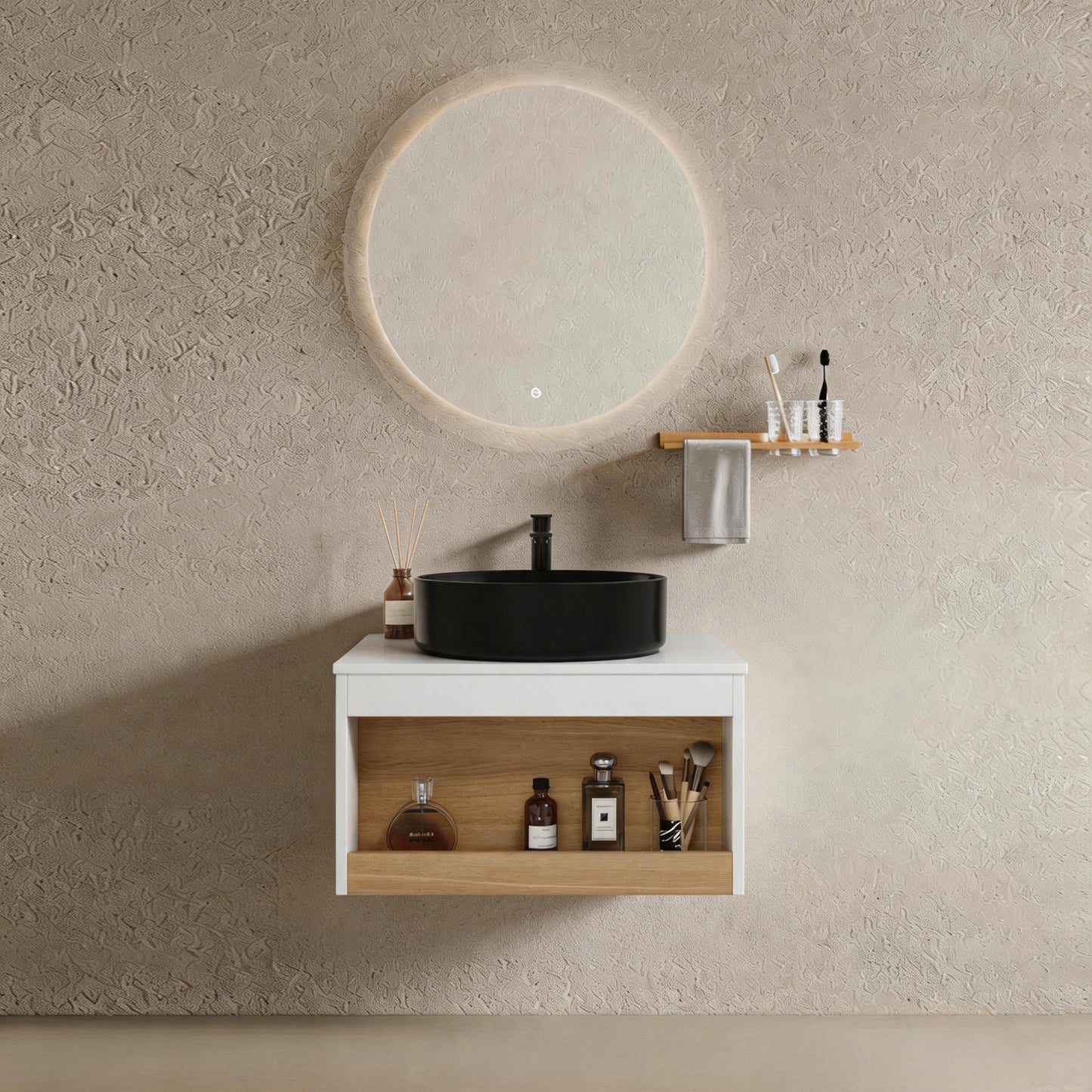 24" Floating Bathroom Vanity with Matte Black Round Vessel Sink, Wall-Mounted Vanity with Open Shelf Storage, White Finish with Durable Countertop, Space-Saving Modern Design (Ships in 2 Boxes)