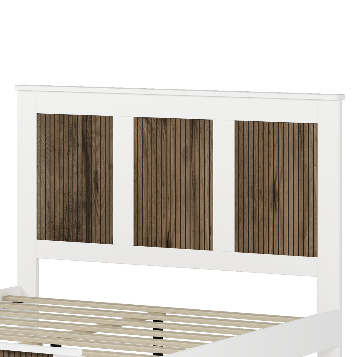 variant-group:rf-n733wf530906aak|Roomfitters Farmhouse Wooden Platform Queen Size Bed, Modern Platform Bed with Wooden Strip Decoration and Plywood Slats Support, White