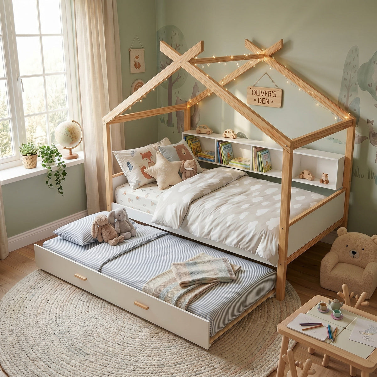 Roomfitters Twin Size Wooden House Bed Frame with Twin Trundle, Bookshelf Storage Furniture, No Box Spring, White Natural Roomfitters