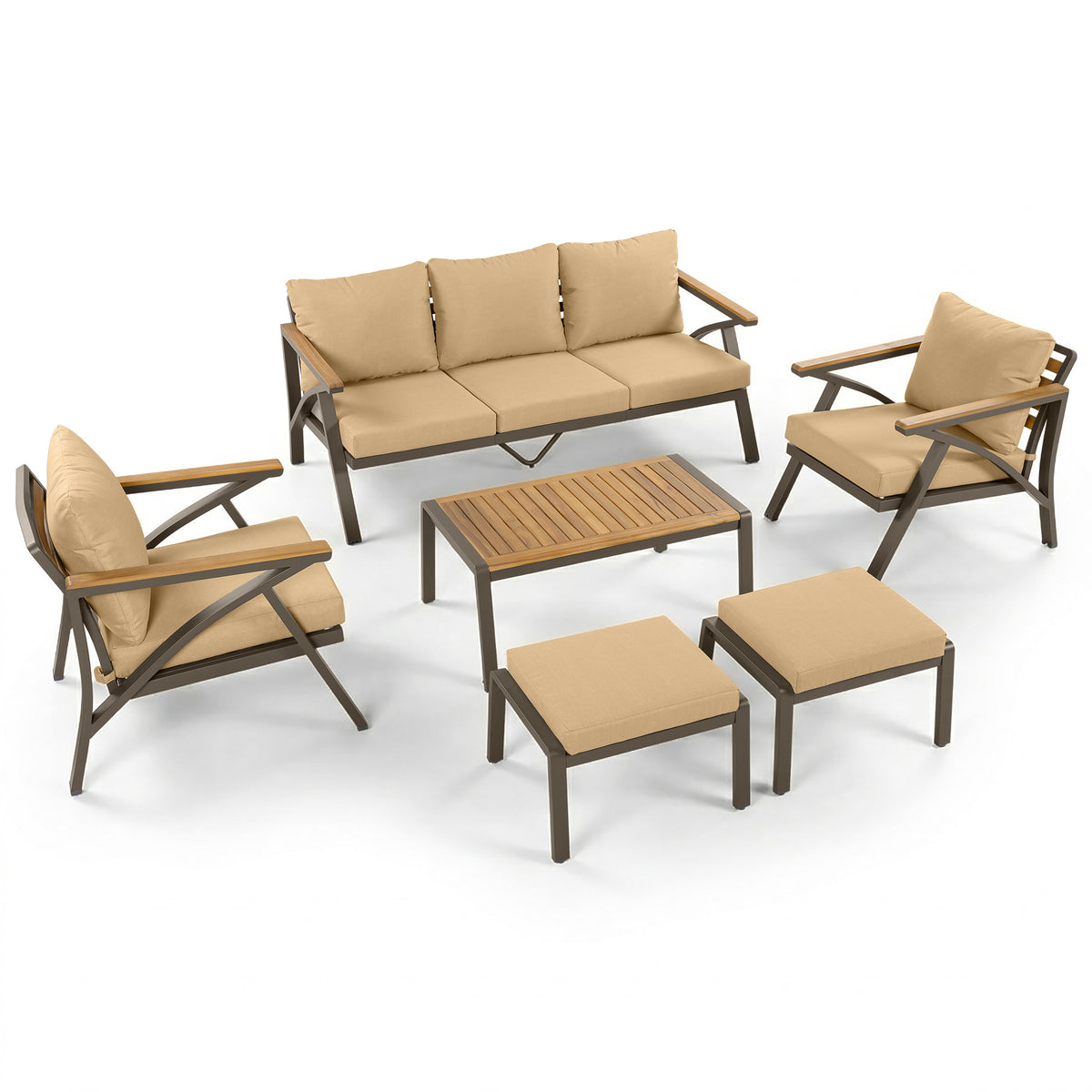 variant-group:rf-n704g201256d|Roomfitters 6-Piece Steel Conversation Set with 3-Seat Sofa Multi-Functional Ottomans and Acacia Wood Table Brown