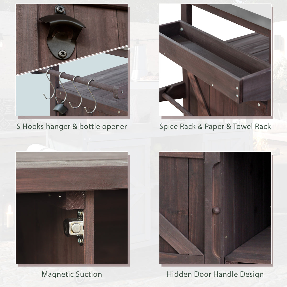 variant-group:rf-n707wf532198aaz|Roomfitters Outdoor Kitchen Island Rolling Bar Cart & Storage Cabinet, Farmhouse Solid Wood Outdoor Grill Table with Stainless Steel Top, Spice Rack, Towel Rack for Kitchen & Barbecue, Dark Brown