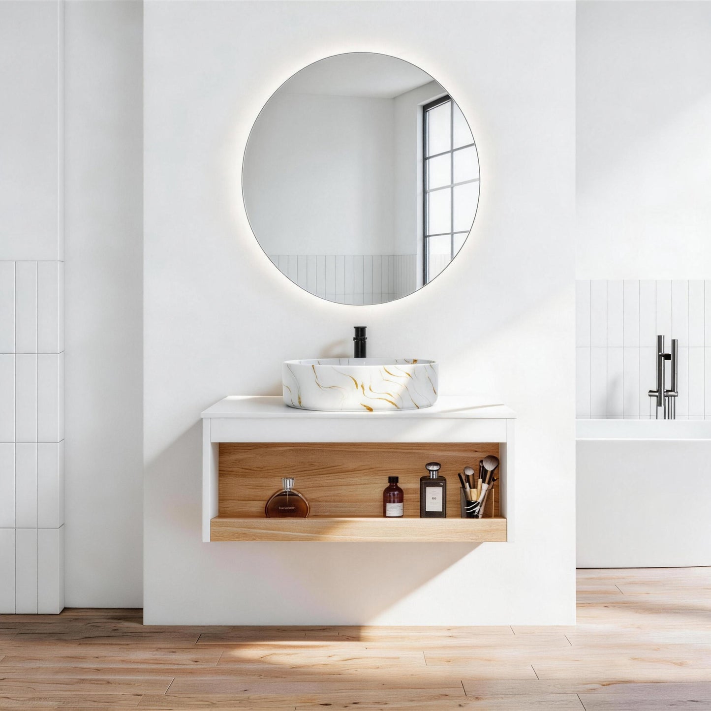 30" Floating Bathroom Vanity with Gold Vein Marble Vessel Sink, Wall-Mounted Vanity with Open Shelf Storage, White Finish with Wood Accent, Space-Saving Modern Design (Ships in 2 Boxes)