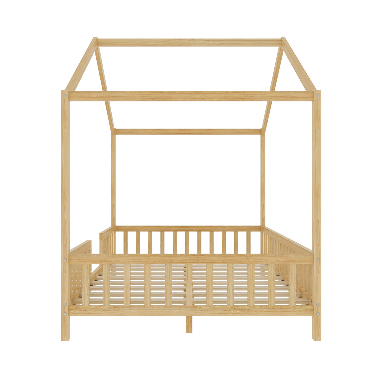 variant-group:rf-n733p356048m|Roomfitters Full Montessori Floor Bed with Canopy, House Shape Wood Frame with Safety Rails, Platform Bed, Natural