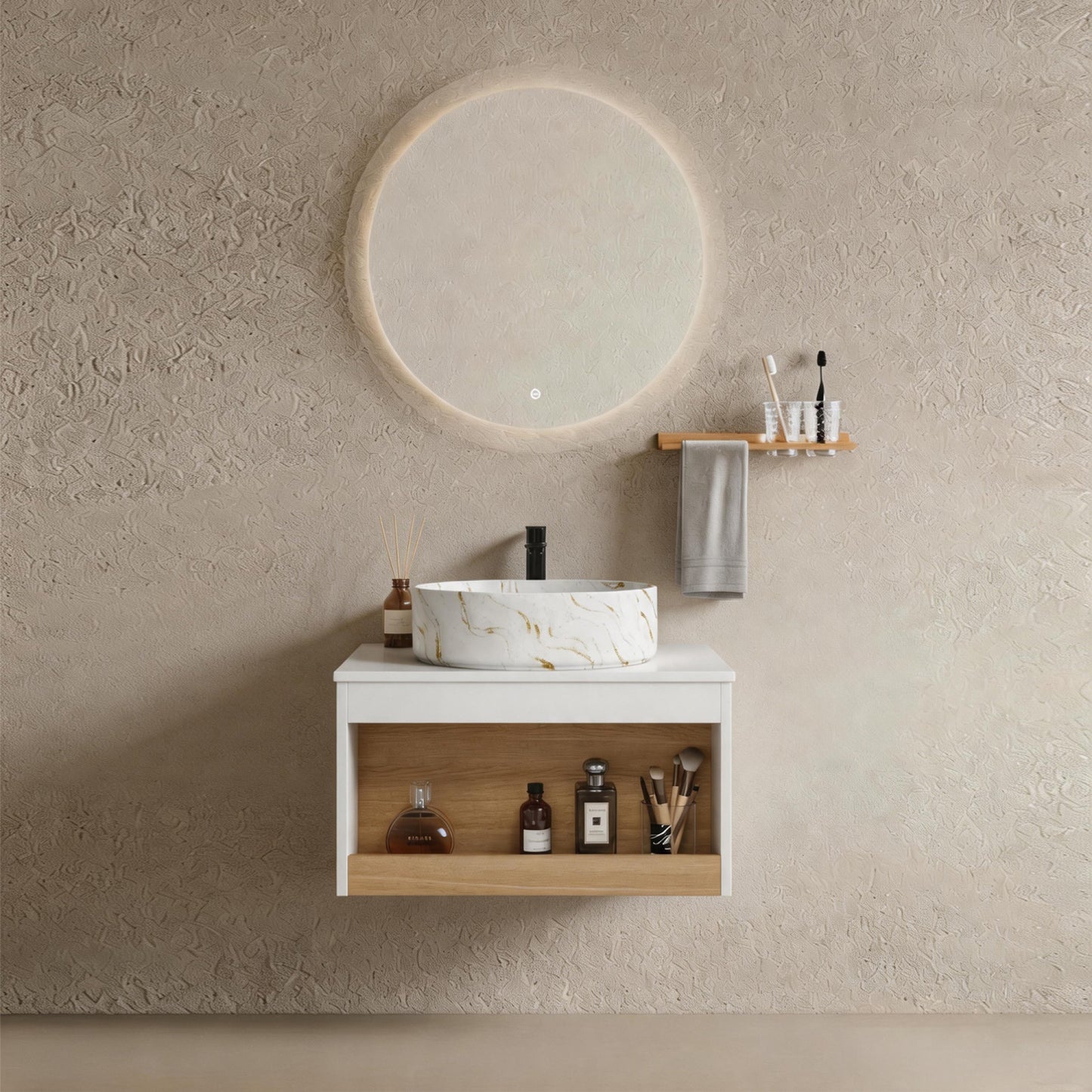 24" Floating Bathroom Vanity with Gold Vein Marble Vessel Sink, Wall-Mounted Vanity with Open Shelf Storage, White Finish with Wood Accent, Space-Saving Modern Design (Ships in 2 Boxes)