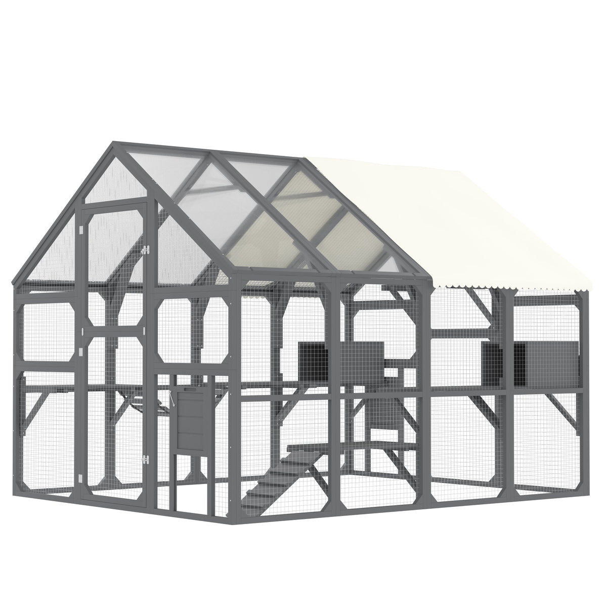 Roomfitters Large Catio Outdoor Cat Enclosure Wooden Cat House with 7 Platforms 2 Resting Boxes and Bridge Gray Roomfitters