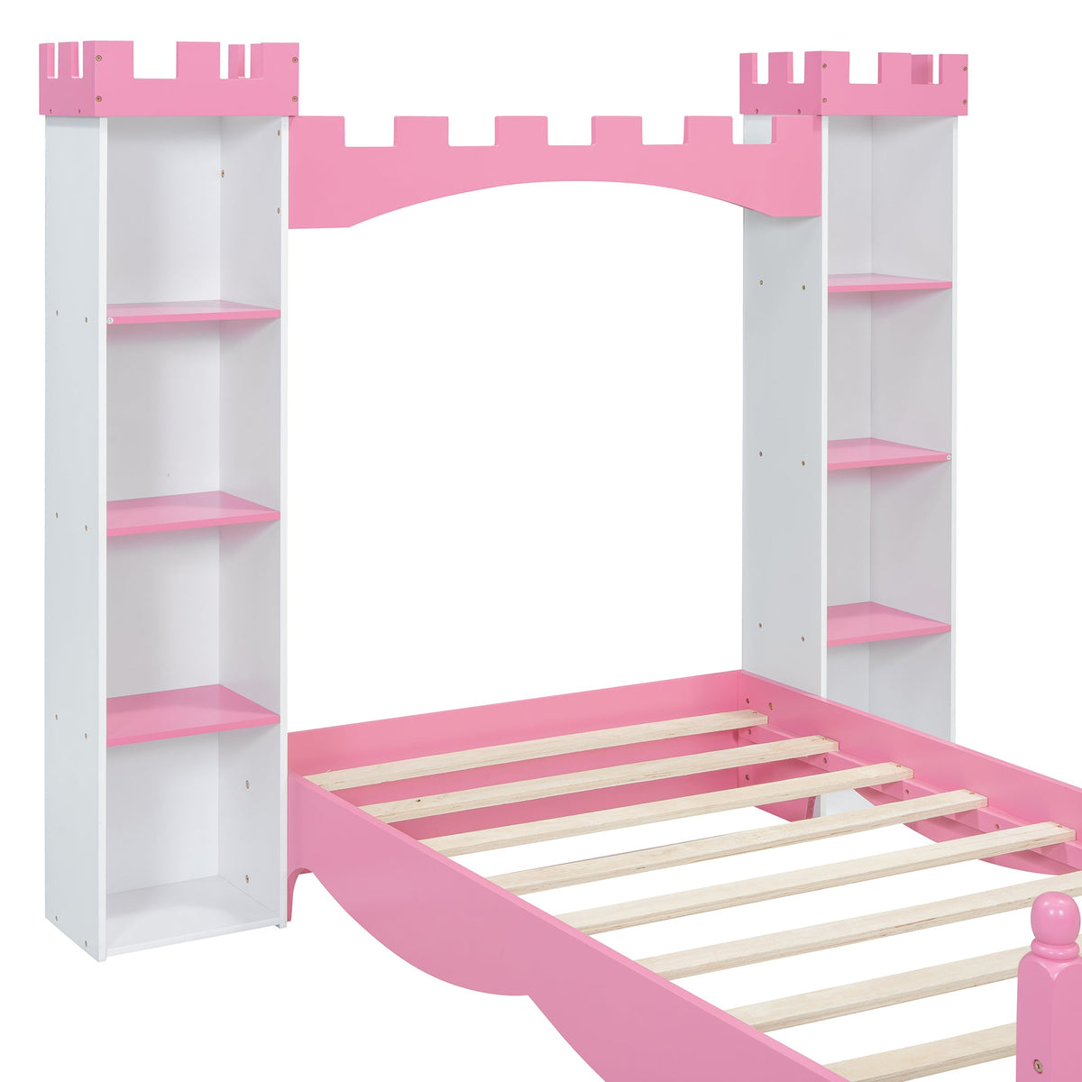 Roomfitters Castle-Shaped Wooden Bed with Storage Shelf, Dreamy Twin Size Platform Bed with Charming Aesthetic, White+Pink