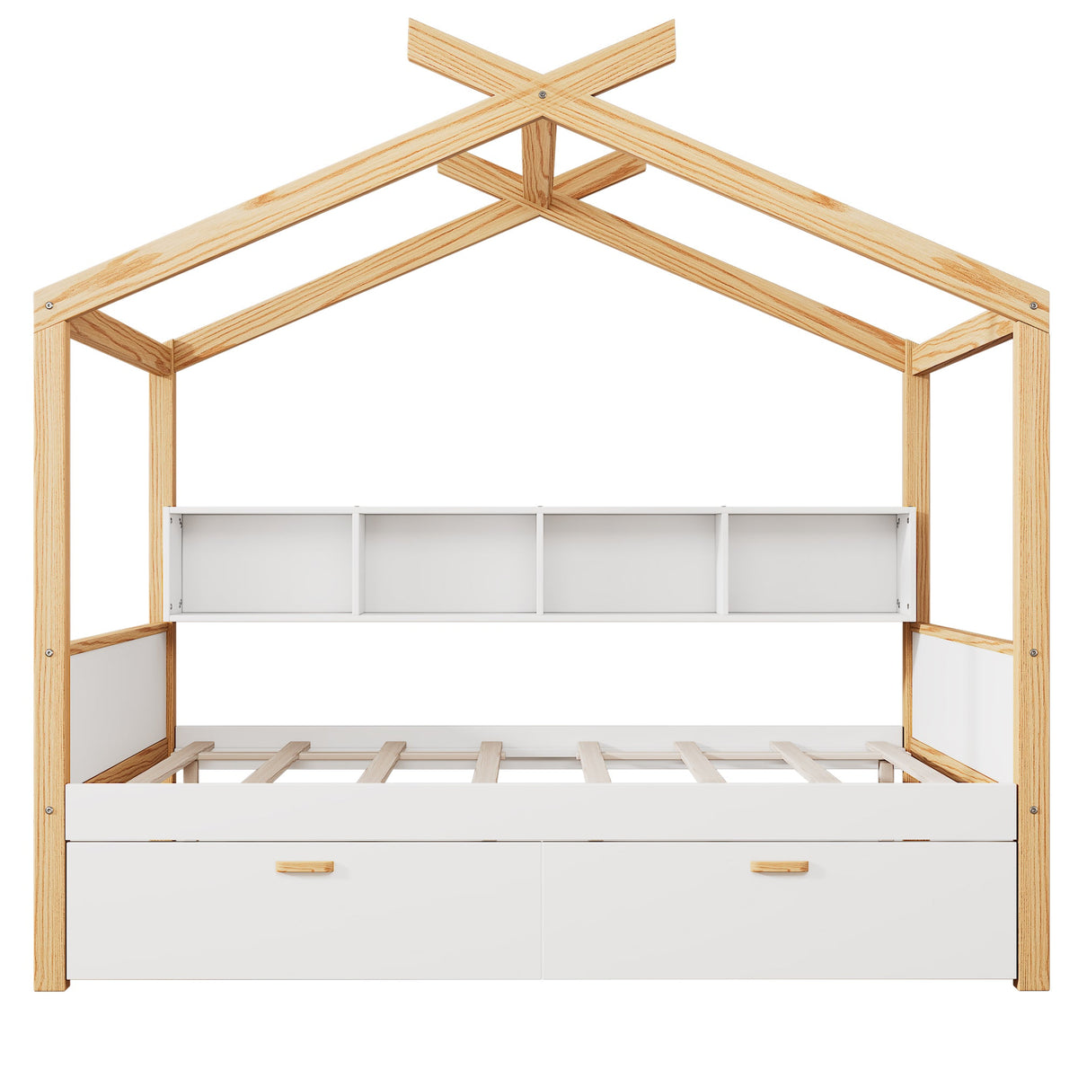 Roomfitters Full Size Wooden House Bed with Trundle and Bookshelf Storage, Solid Wood Frame for Guest Room, White Roomfitters