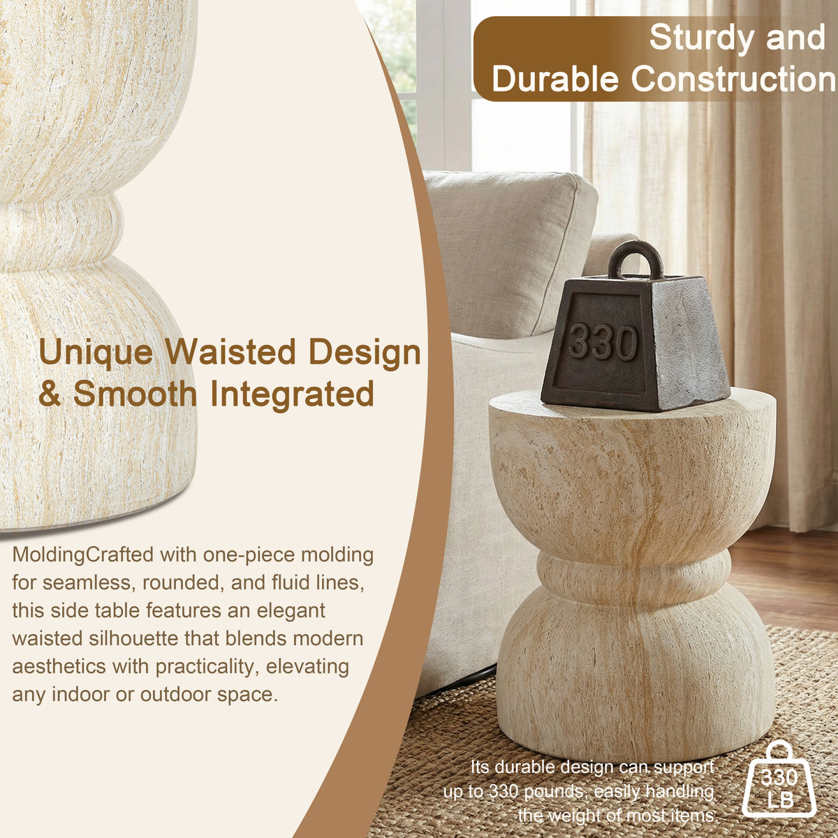 variant-group:rf-n711p422067m|Roomfitters Contemporary Yellow Travertine Concrete Side Table, Rounded Waist Outdoor End Table, MgO Stone Texture Stool