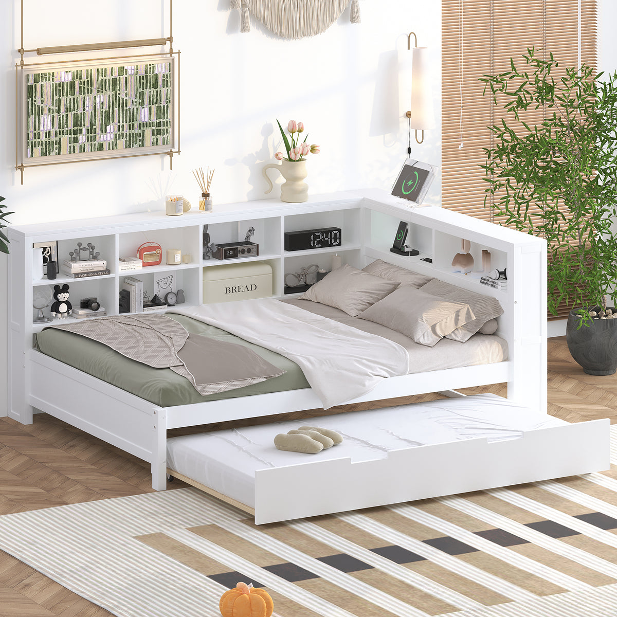 variant-group:rf-n733s347731k|Roomfitters Wooden Full Daybed with Twin Trundle, Storage Shelf & USB Charging Ports, White