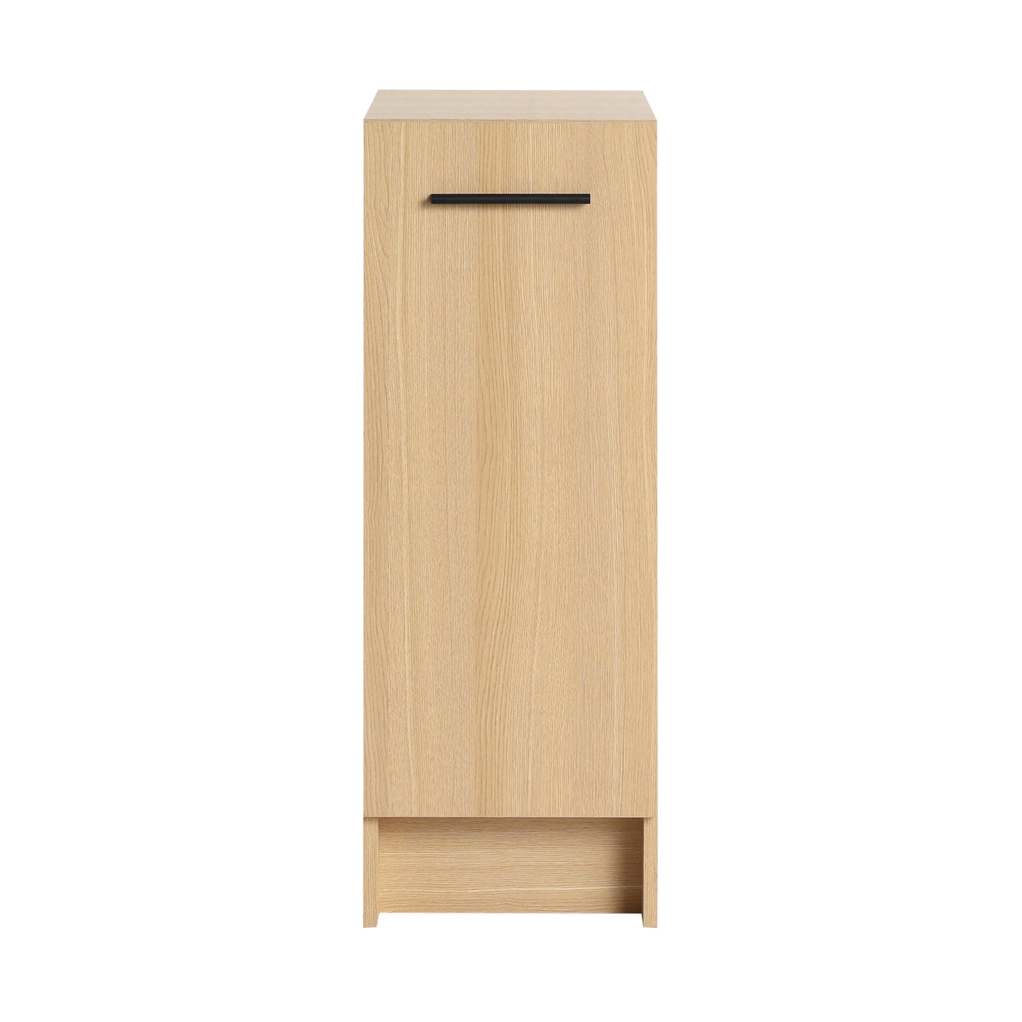 12" Slim Freestanding Bathroom Storage Cabinet, Light Oak, Single Door, Narrow Space Saver Organizer, KD, Includes Black & Brushed Aluminum Handles
