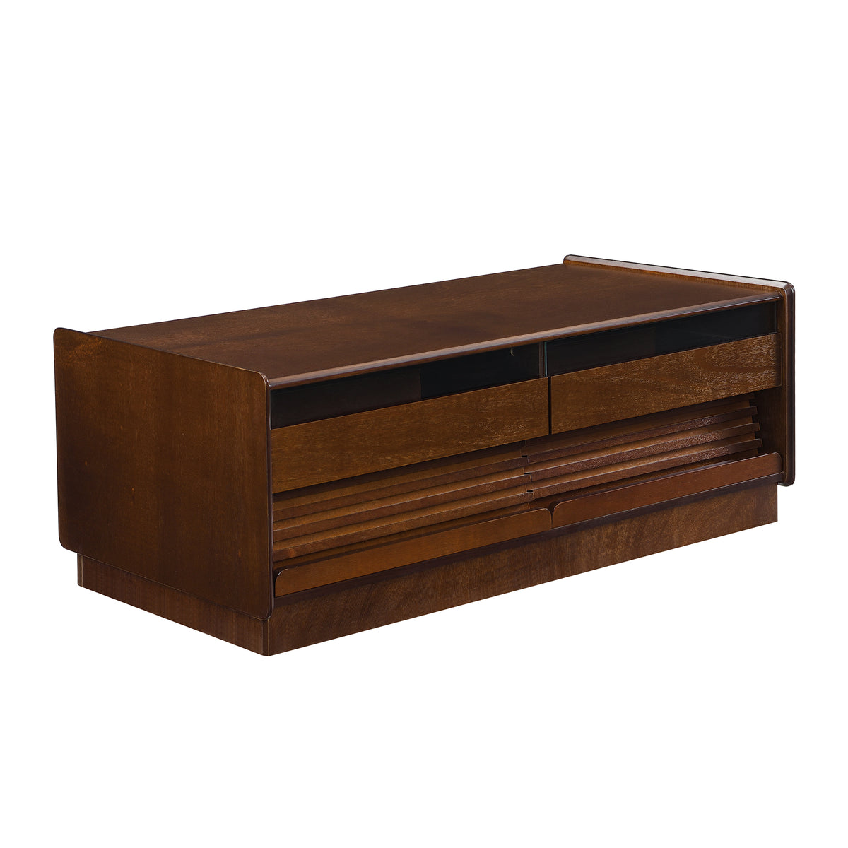 variant-group:rf-n724p286421d|Roomfitters Rectangle Coffee Table with Fluted Style, 4 Storage Compartments and Glass Display Shelves, Brown