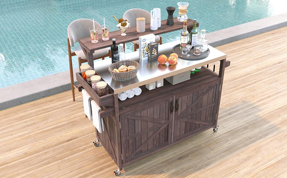 variant-group:rf-n707p250628z|Roomfitters 53.3" Outdoor Kitchen Island with Raised Shelf, Wood Storage Cabinet, Stainless Steel Top, Rolling Grill Cart, Brown